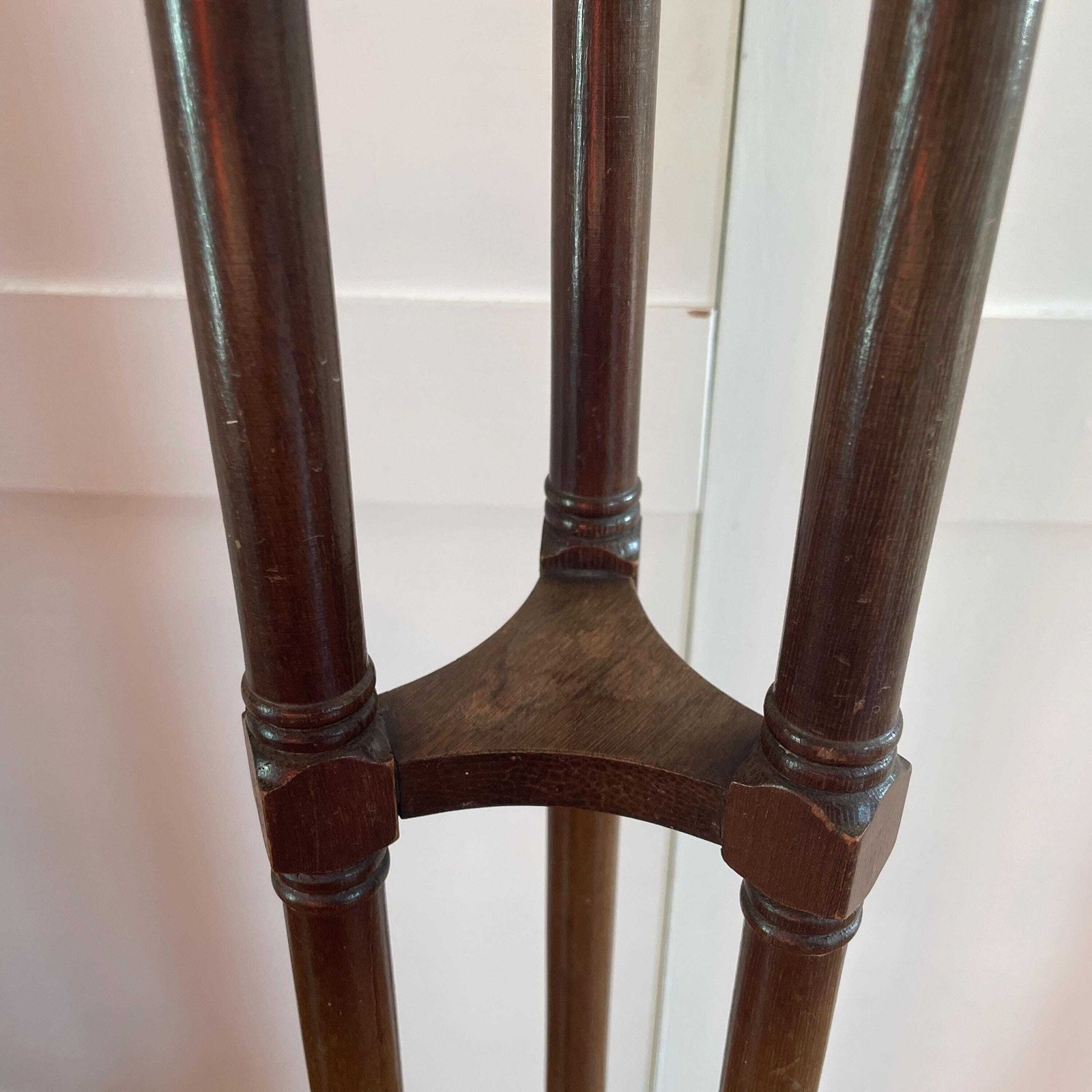 Home Decor Tall Wooden Plant Stand Brass Gallery Top Vintage Pedestal Display Stand Victorian Style Likely Indian Made Tripod Stand. photo
