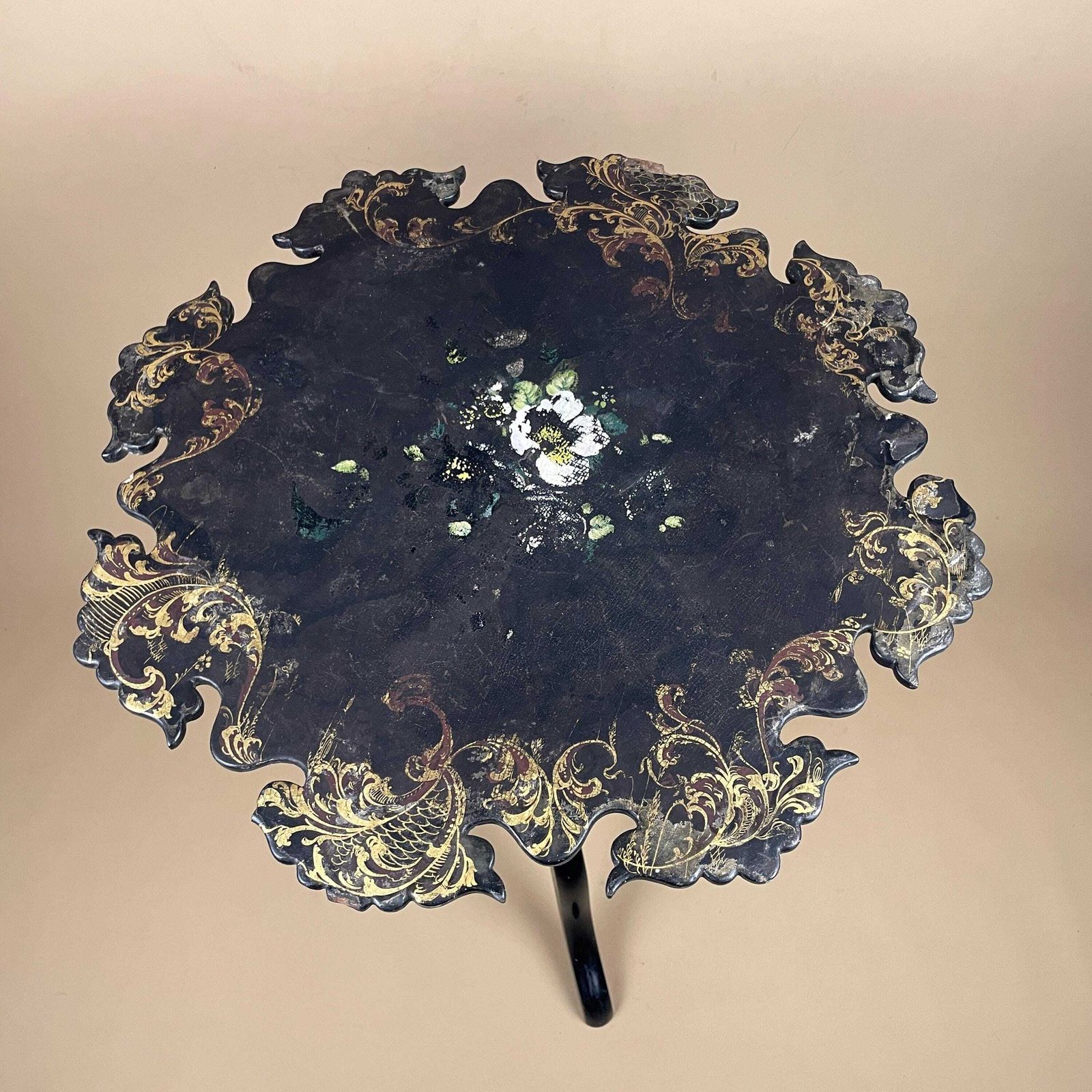 Antique Hand Painted Table End Side Table Black Floral Accent Stand Tripod Legs Decorative Plant Stand Small. photo for sale