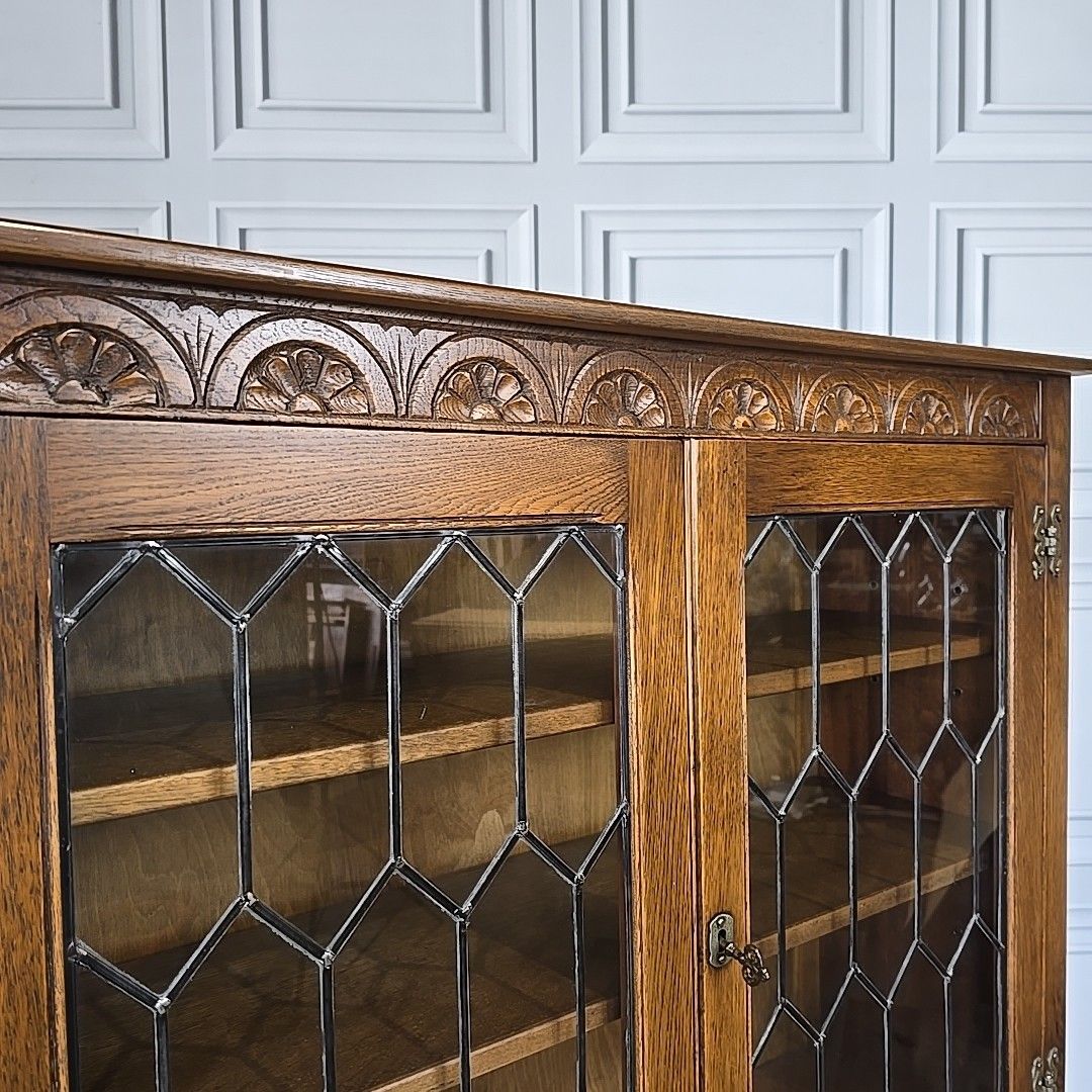 Antique Style Glass Bookcase  Jaycee Oak Leaded Cabinet Jacobean Display Shelves photo Furniture