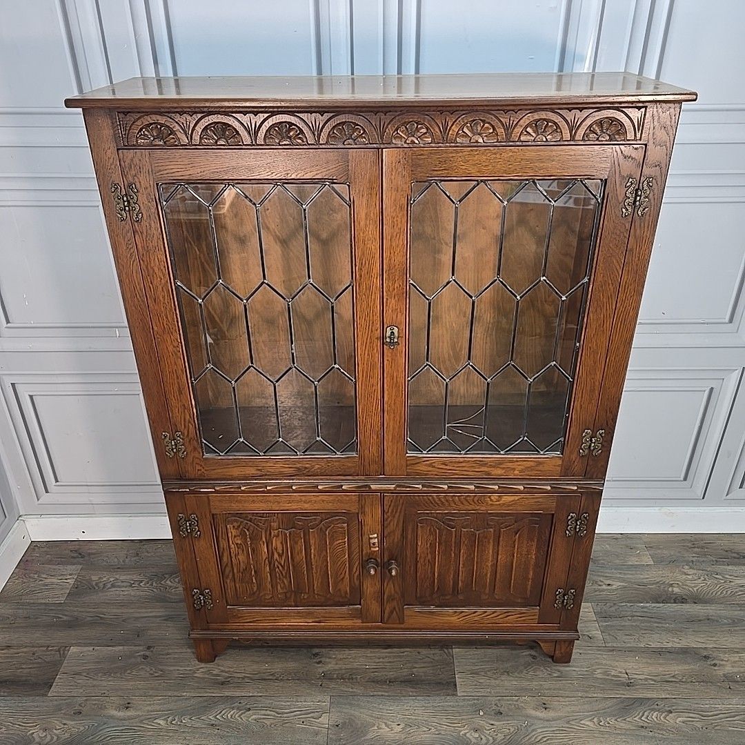 Antique Style Glass Bookcase  Jaycee Oak Leaded Cabinet Jacobean Display Shelves photo vintage