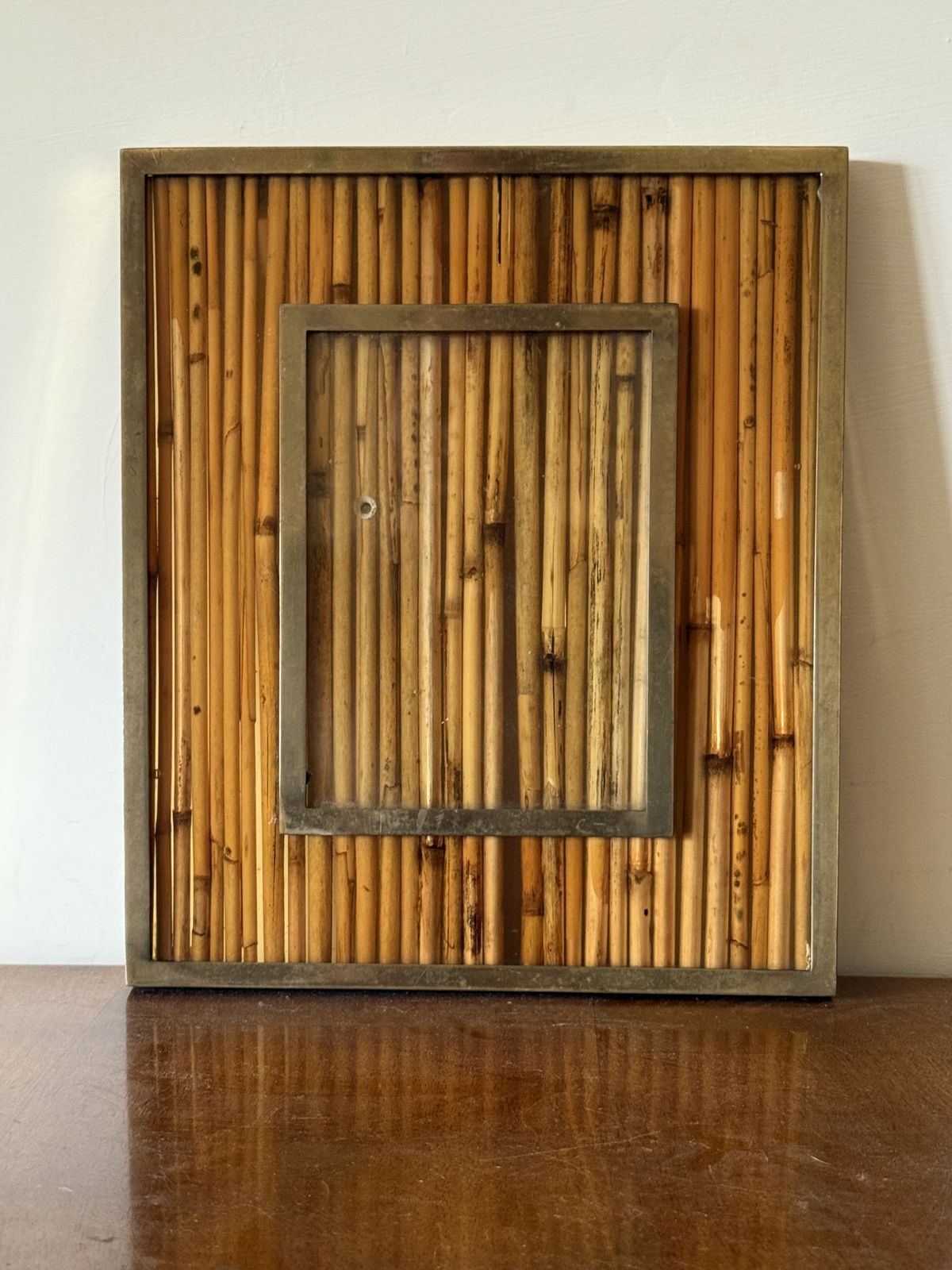 Hollywood Regency Bamboo & Brass Picture Frame, In The Manner Of Gabriella Crespi Italy 1970s photo furniture