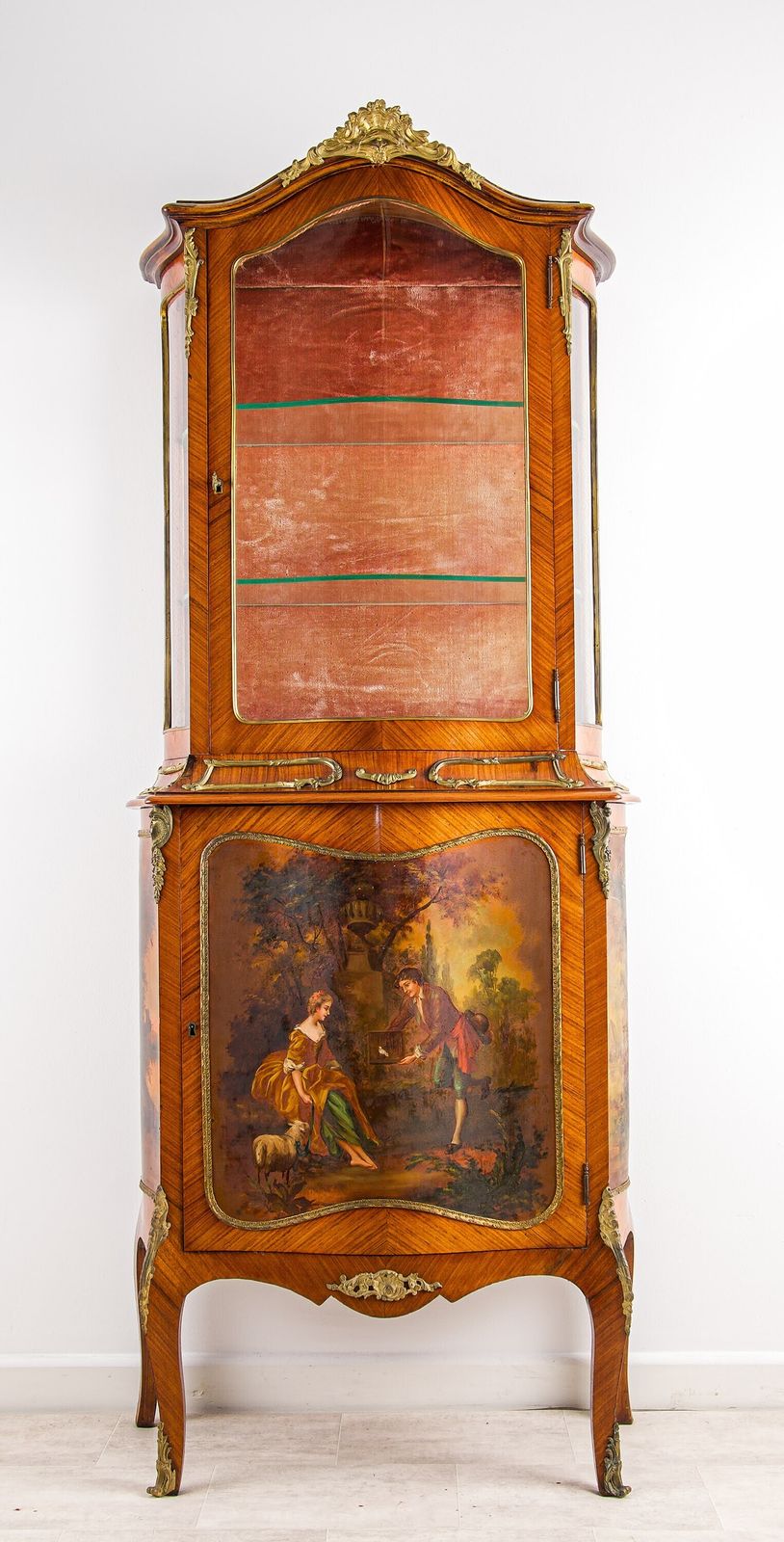 Antique French Kingwood Vernis Martin Display Cabinet Ormolu Mounts Pastoral Panels 19th Century