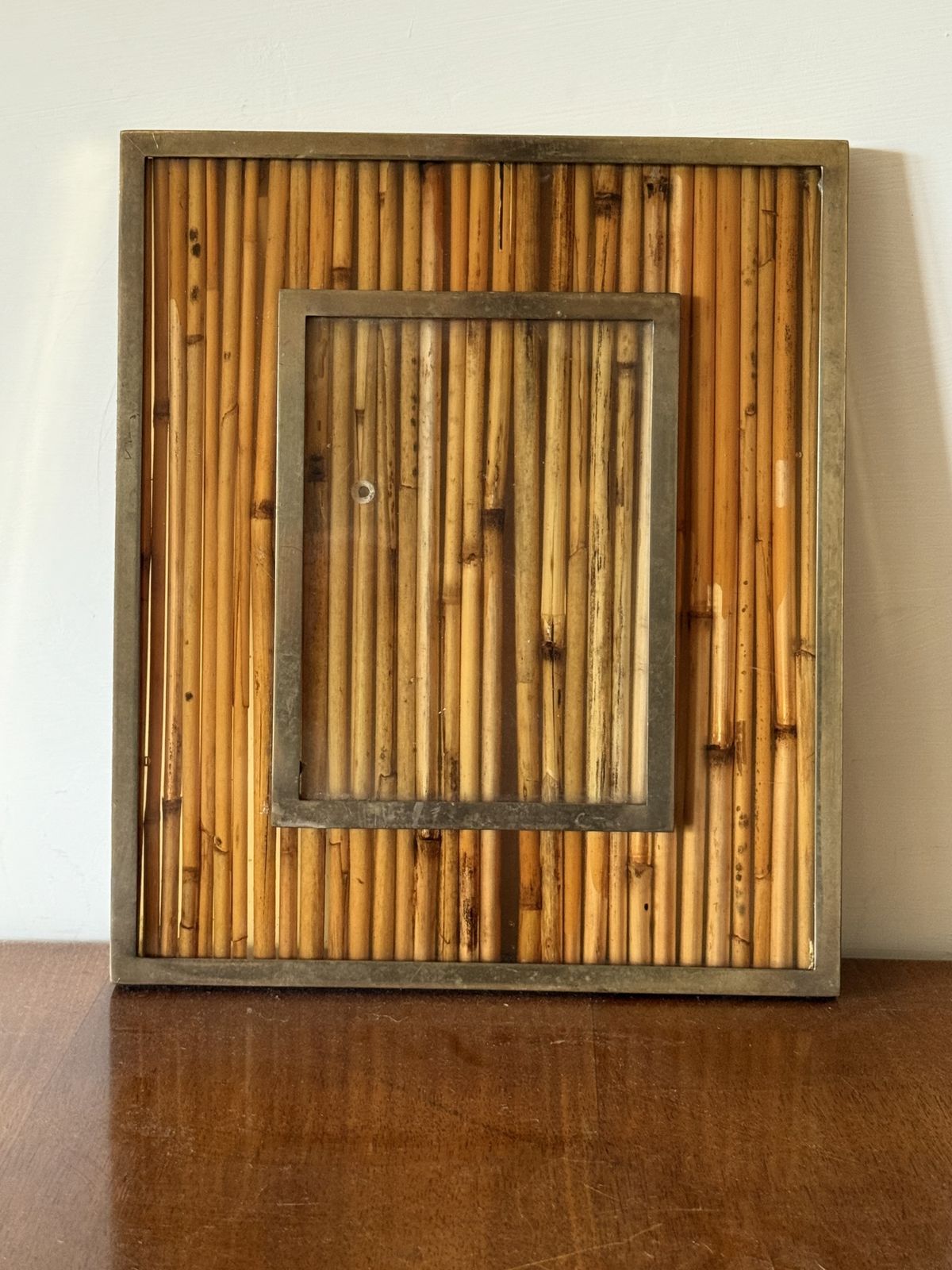 Hollywood Regency Bamboo & Brass Picture Frame, In The Manner Of Gabriella Crespi Italy 1970s photo for sale
