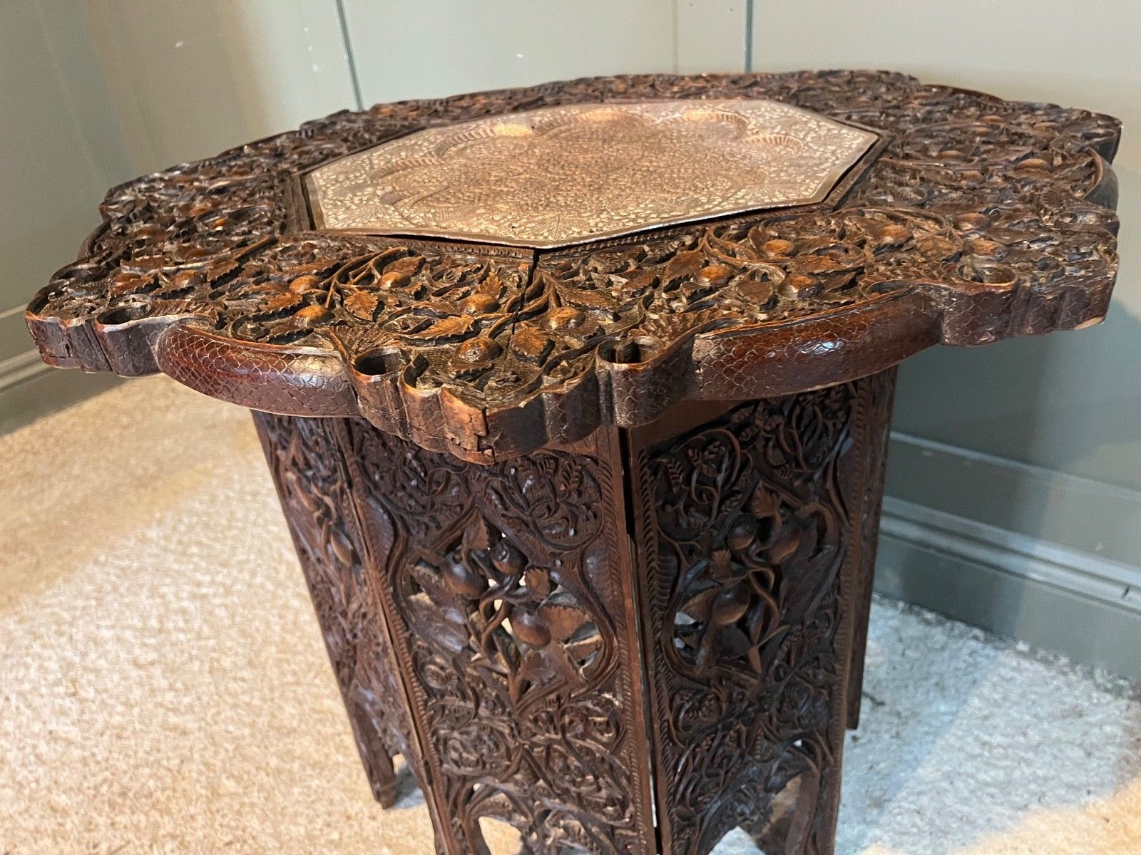 Antique Table Carved Wood Copper Insert Burmese Carved Wood Table photo furniture