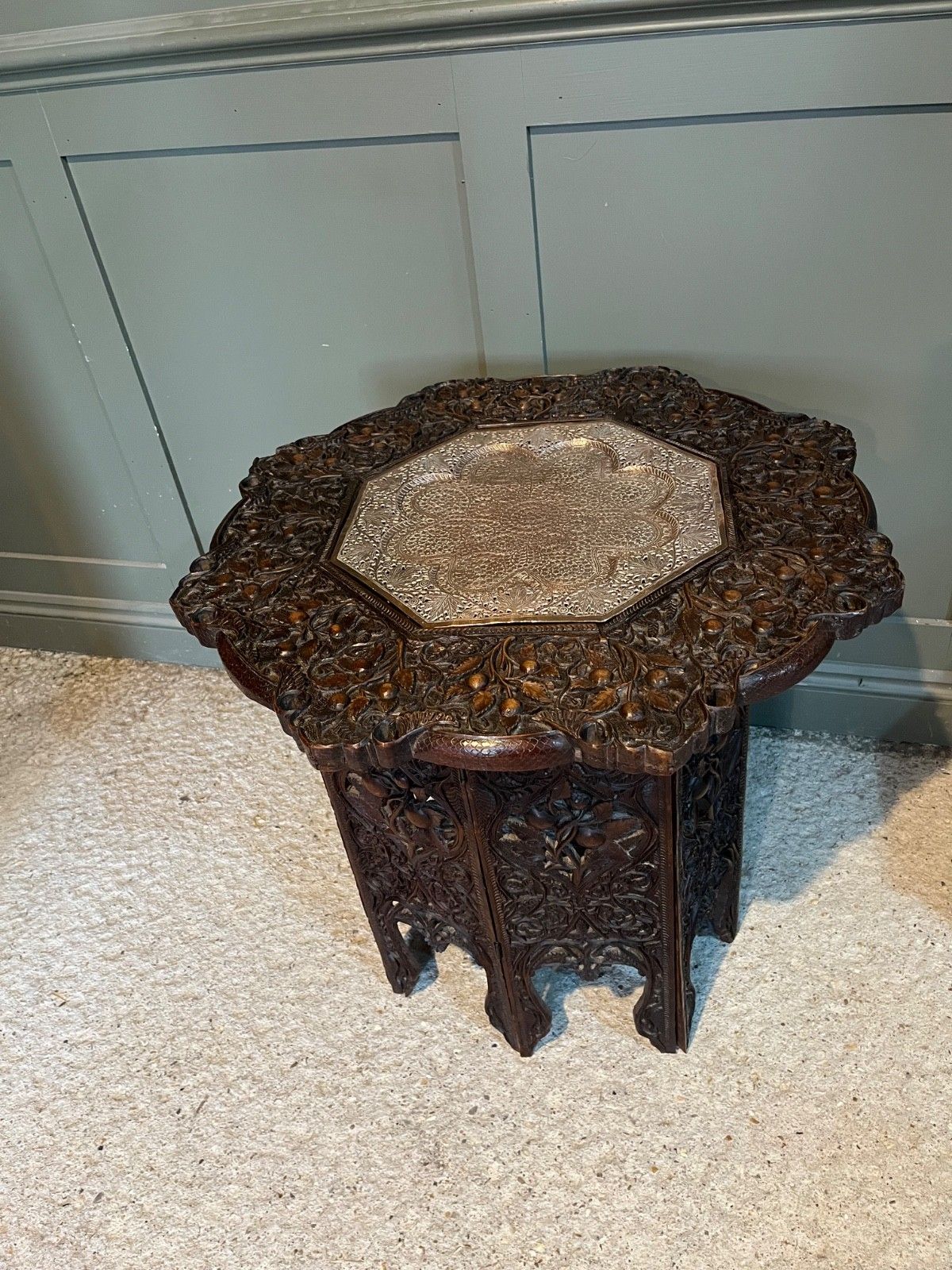 Antique Table Carved Wood Copper Insert Burmese Carved Wood Table photo vintage