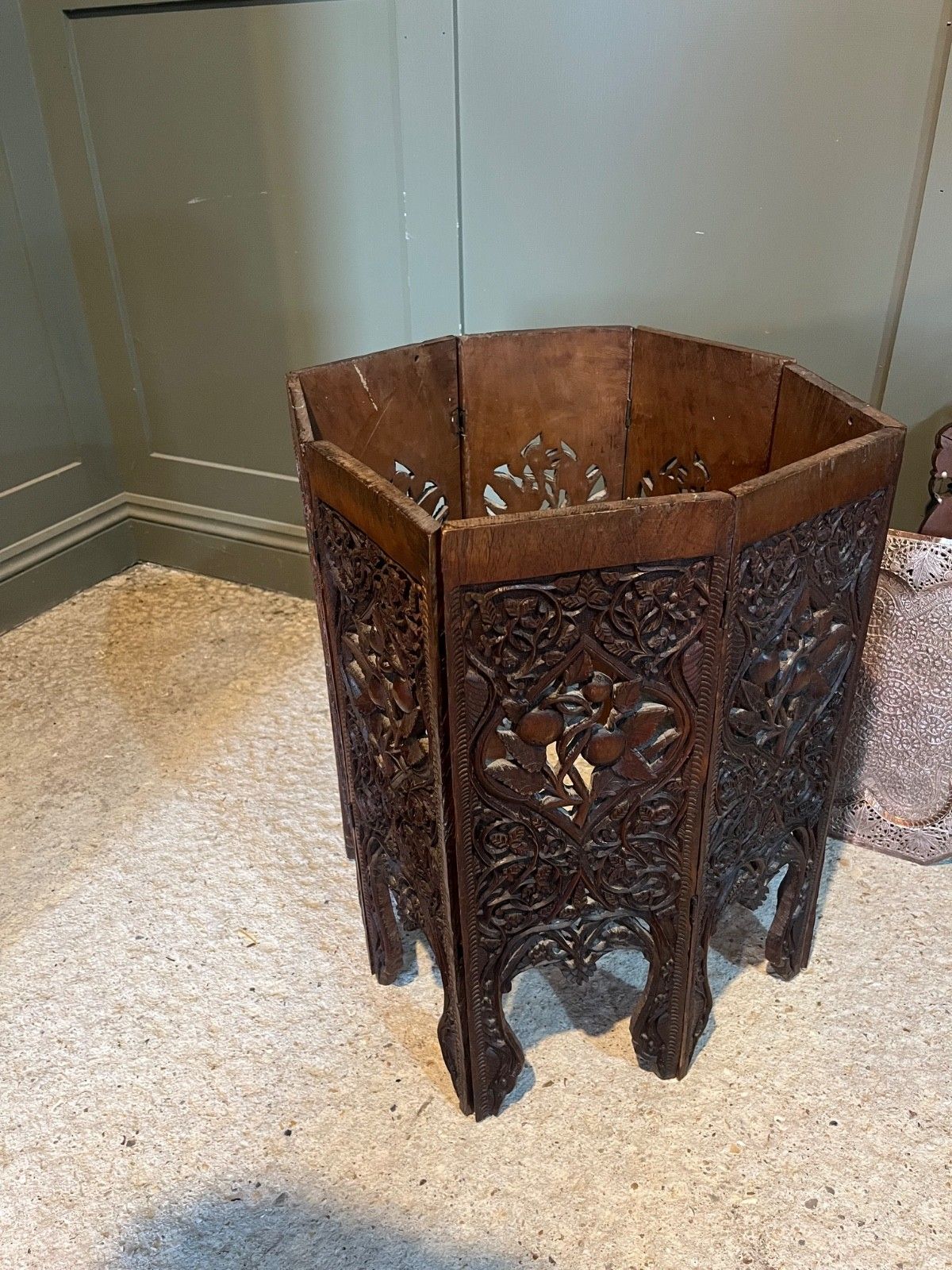 395.0 Antique Table Carved Wood Copper Insert Burmese Carved Wood Table photo