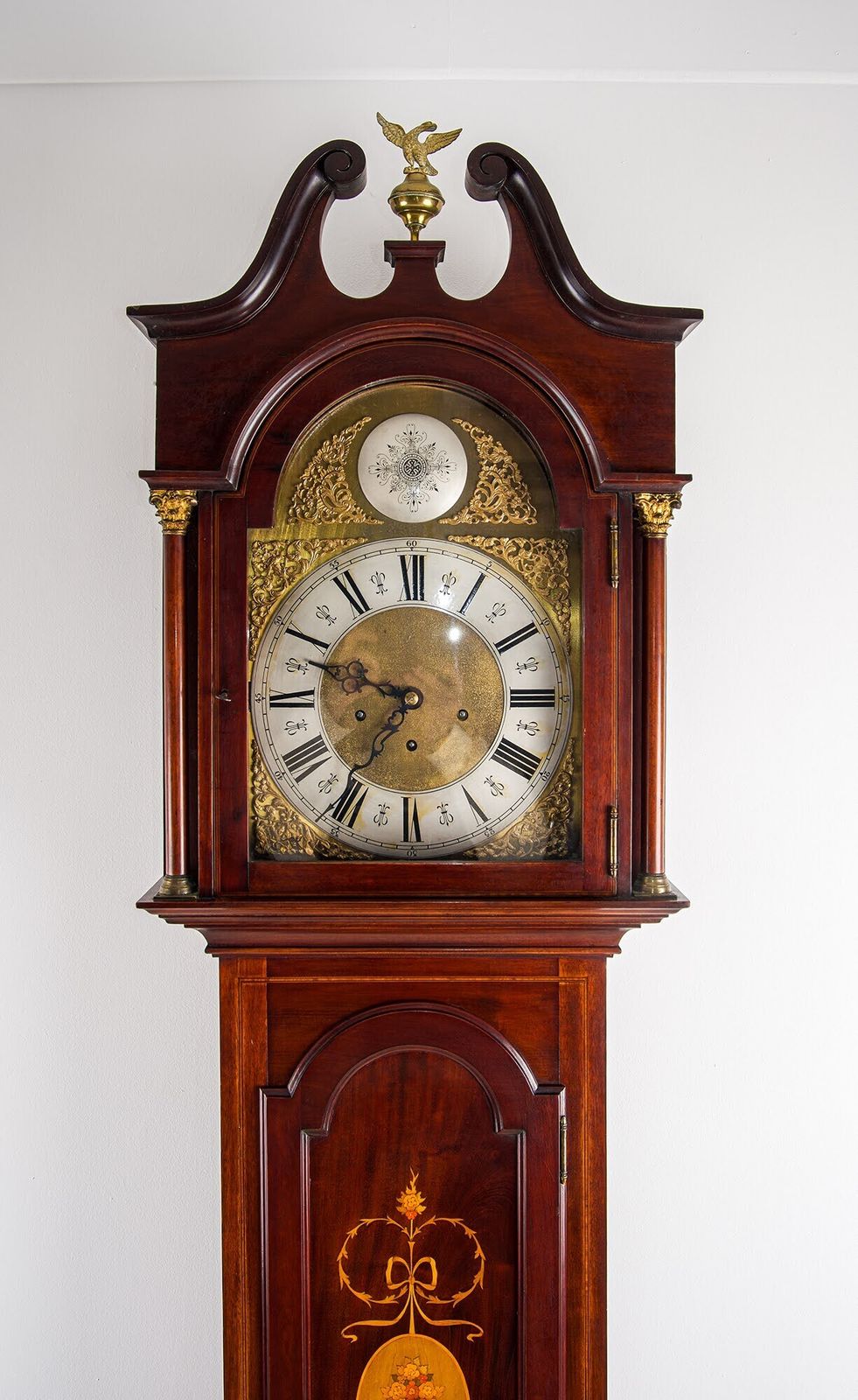 Antique Mahogany Longcase Grandfather Clock Inlaid Brass Arch Dial Eagle C1920 photo Home Decor