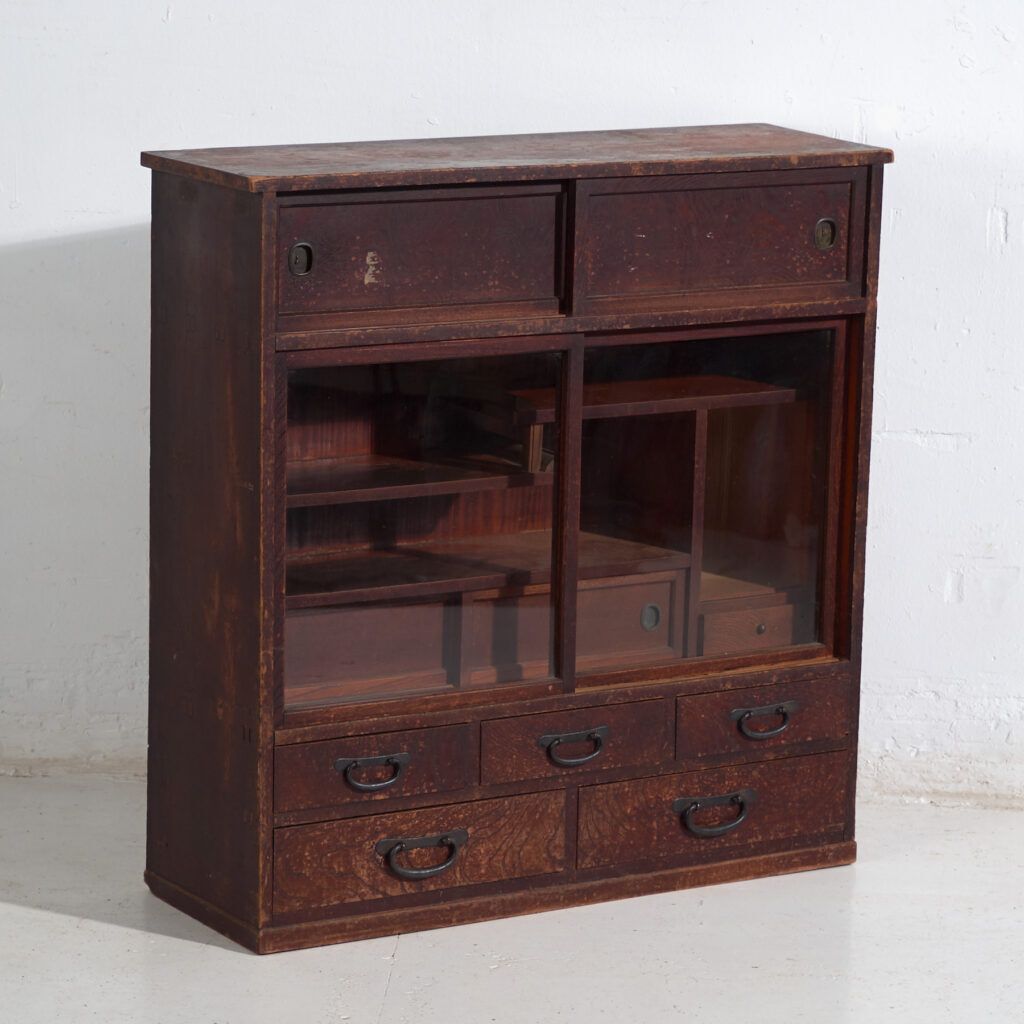 Antique Japanese Tea Cabinet (Cha Tansu) With Glass Sliding Doors – Taisho / Showa – Circa 1920–1950