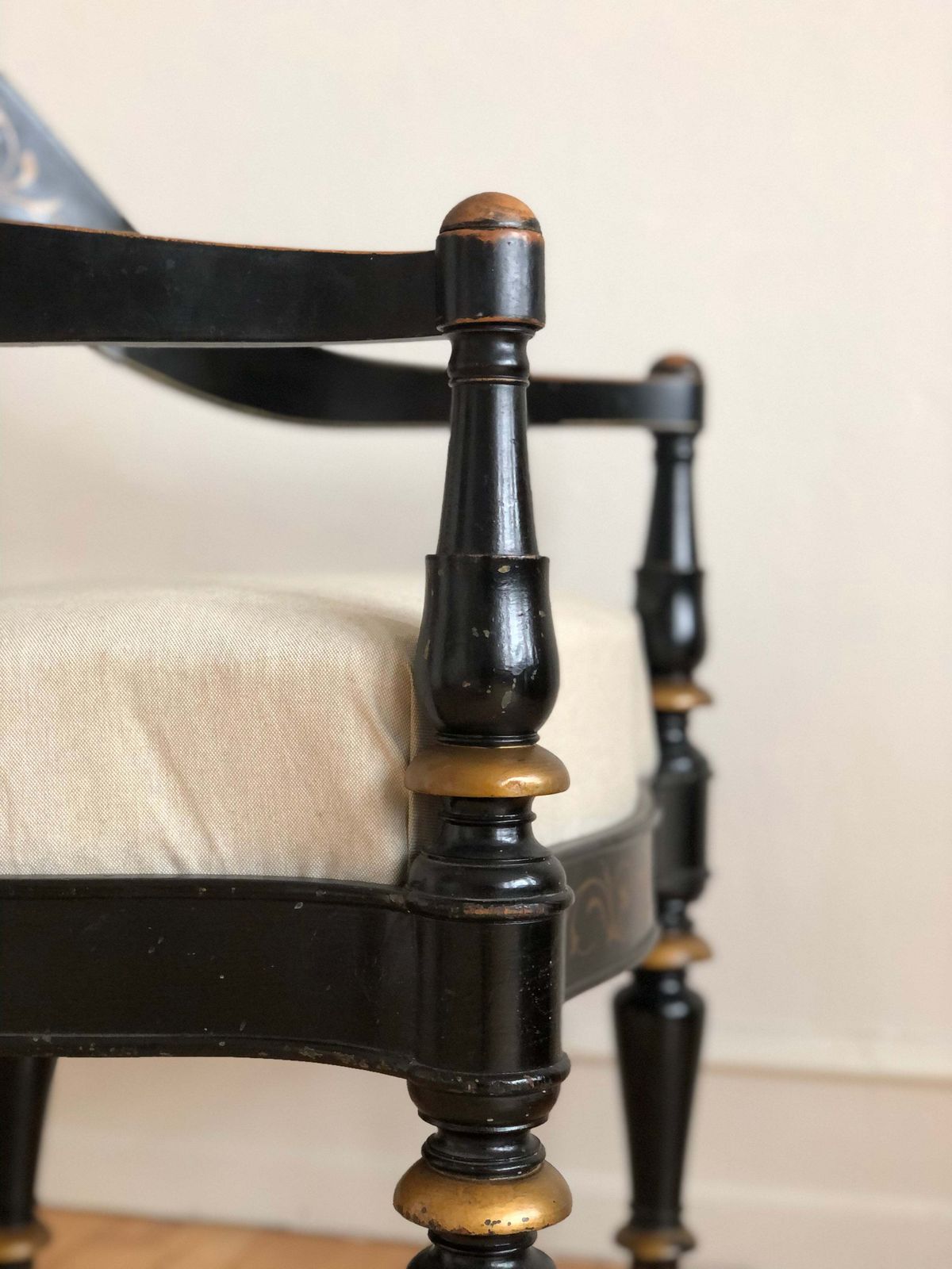Danish Cabinetmaker Armchair, 1860s, Black Lacquer With Gold Decoration, Brass Castors, Empire/Biedermeier photo Furniture
