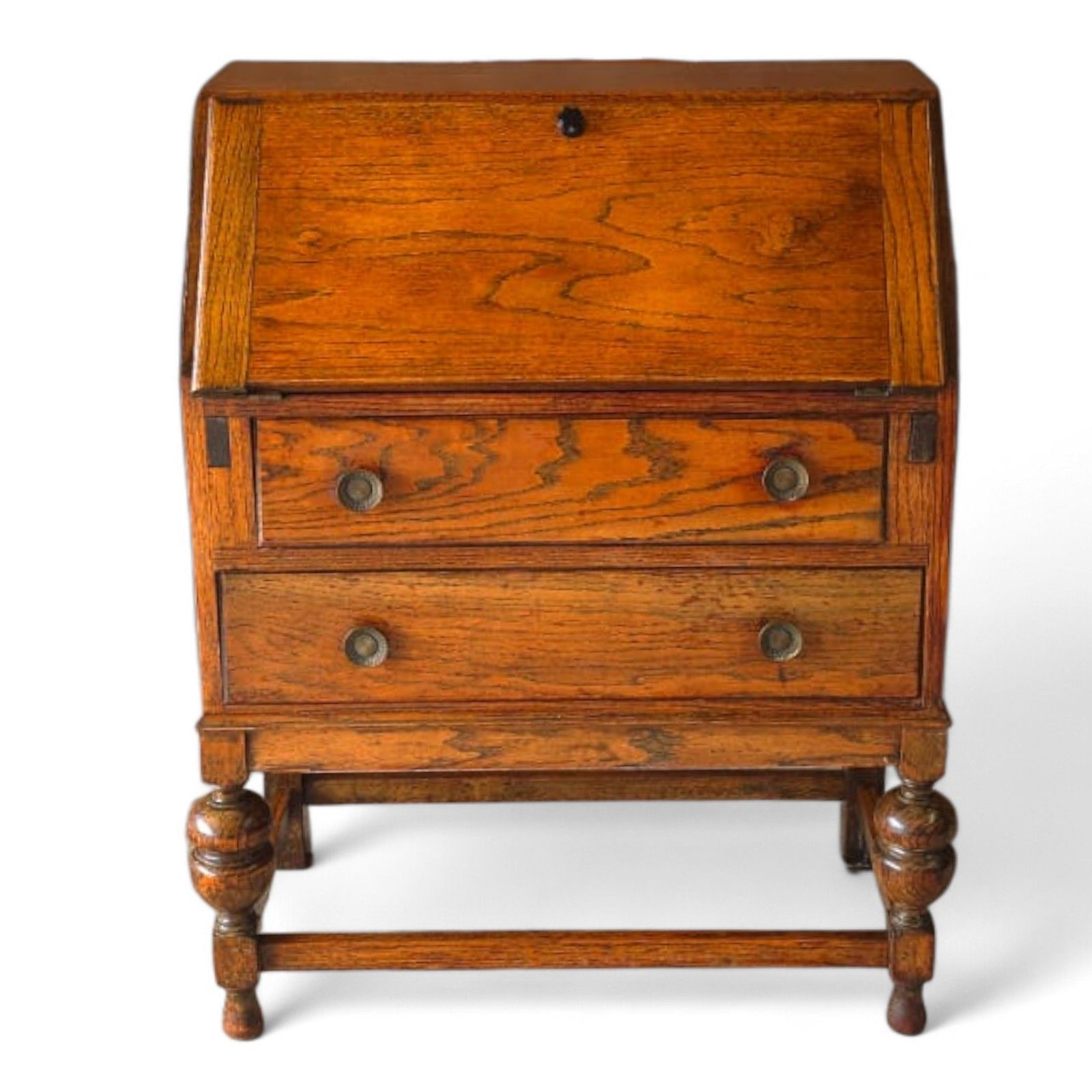 Vintage Jacobean Revival Oak Bureau With Turned Legs & Two Drawers photo furniture