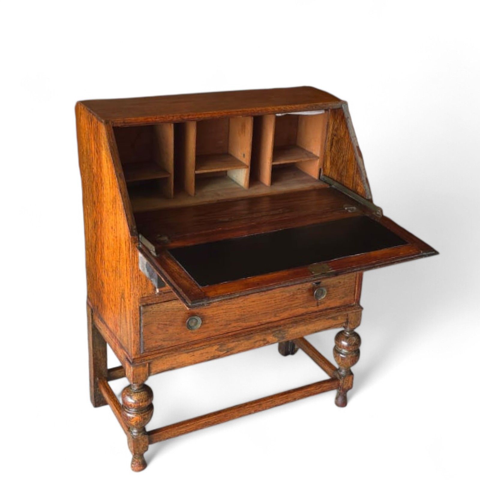 Vintage Jacobean Revival Oak Bureau With Turned Legs & Two Drawers photo for sale
