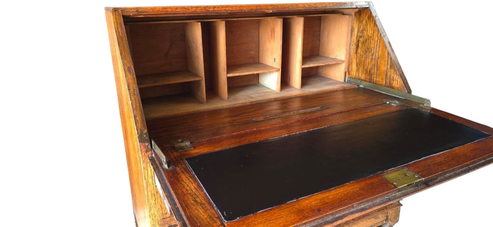 Vintage Jacobean Revival Oak Bureau With Turned Legs & Two Drawers photo vinterior