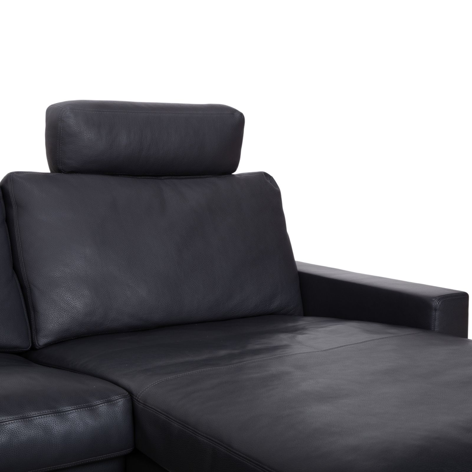 Canapé d'angle Erpo CL 820 en cuir gris anthracite foncé, pieds luge en chrome, 2 appuie-têtes inclus, méridienne à droite photo vinterior