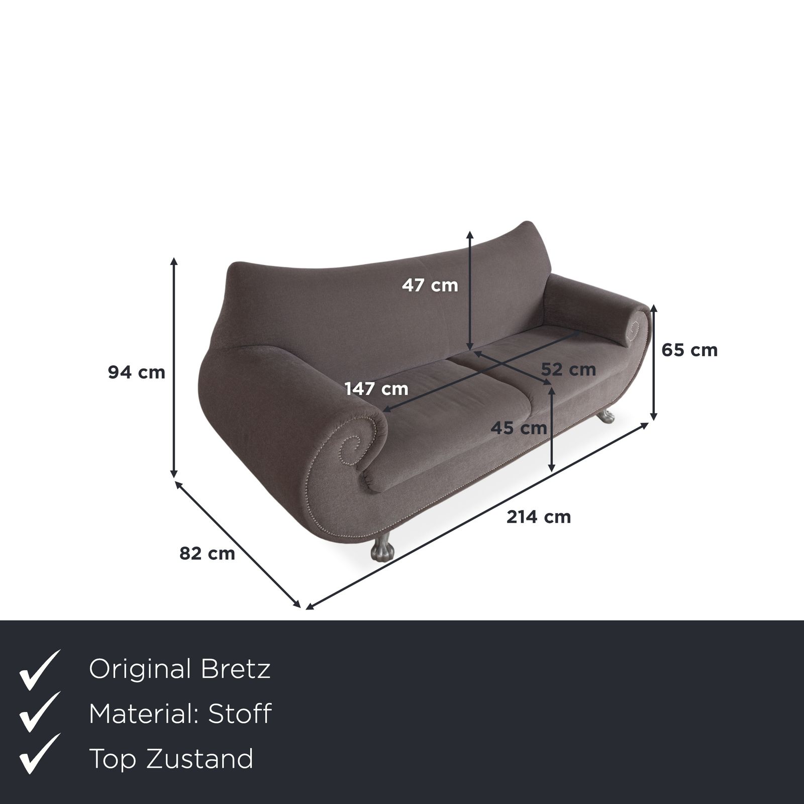 Canapé 3 places Bretz Gaudi beige gris brun, pieds en forme de pattes de lion argentées photo furniture