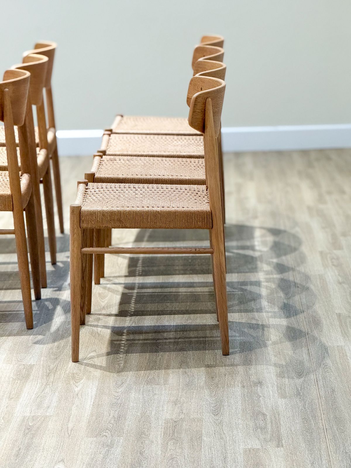 Set Of Eight Oak A.M Møbler Model 501 Papercord Dining Chairs photo for sale