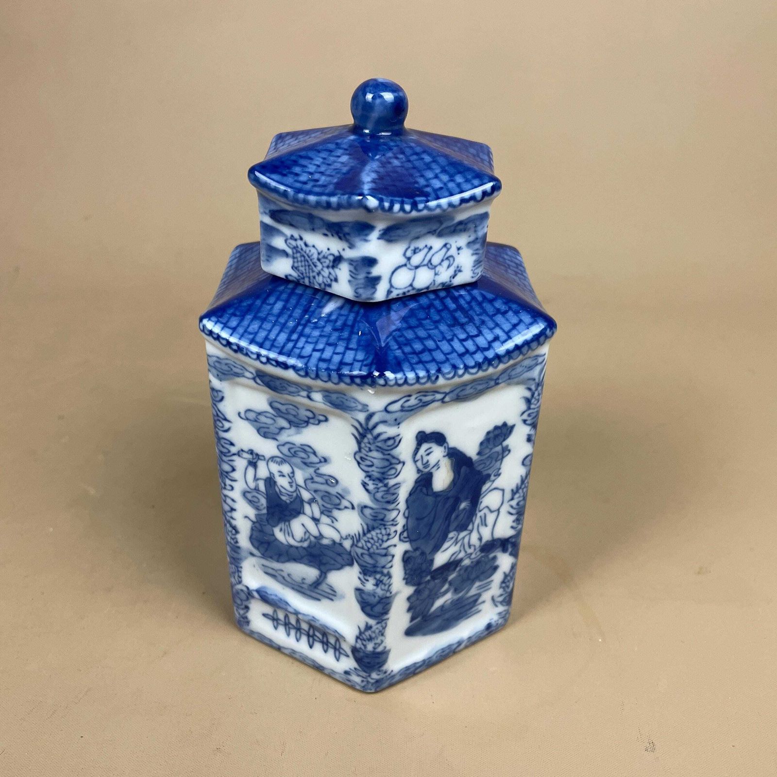 Oriental Blue White Ceramic Ginger Jar Cylinder Chinoiserie Lidded Pot Jar Asian Style Home Chinese Antique Vintage Lid Hand Painted House photo furniture