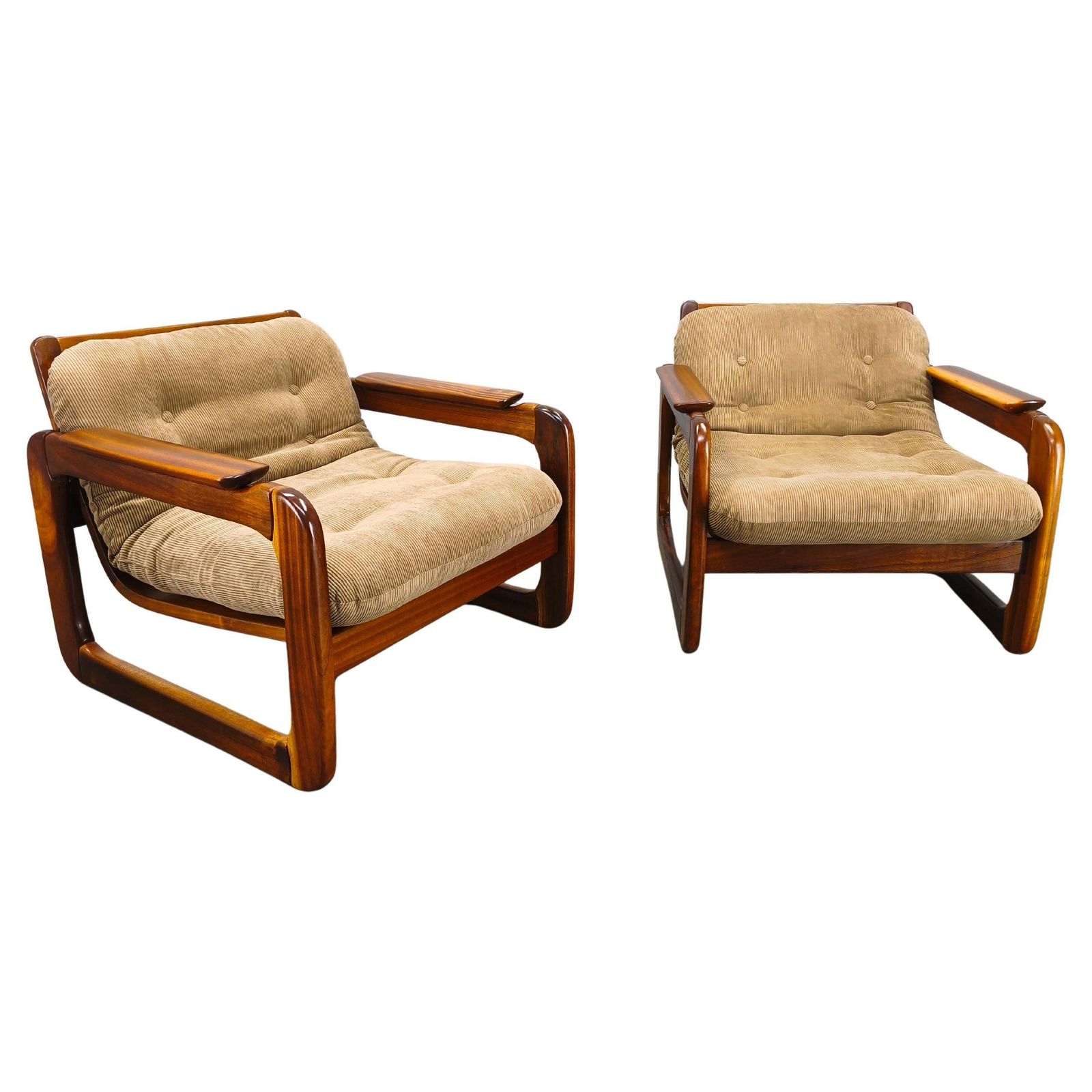 Pair Scandinavian Lounge Chairs 1970s Wood Corduroy Upholstery