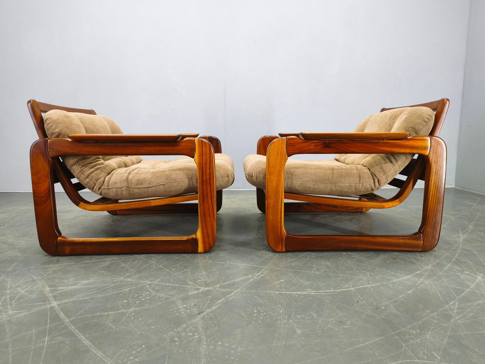 Pair Scandinavian Lounge Chairs 1970s Wood Corduroy Upholstery photo vinterior