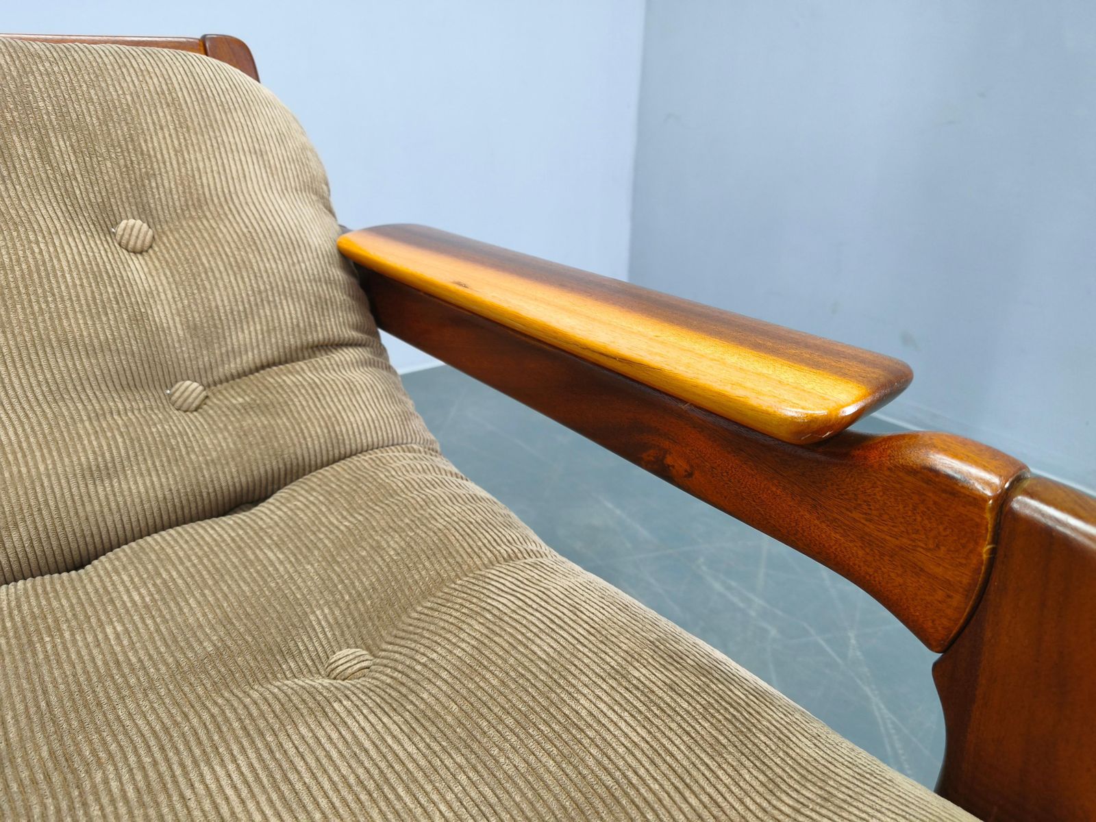 Pair Scandinavian Lounge Chairs 1970s Wood Corduroy Upholstery photo vintage