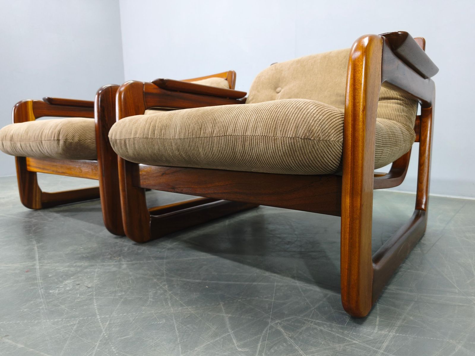 Furniture Pair Scandinavian Lounge Chairs 1970s Wood Corduroy Upholstery photo