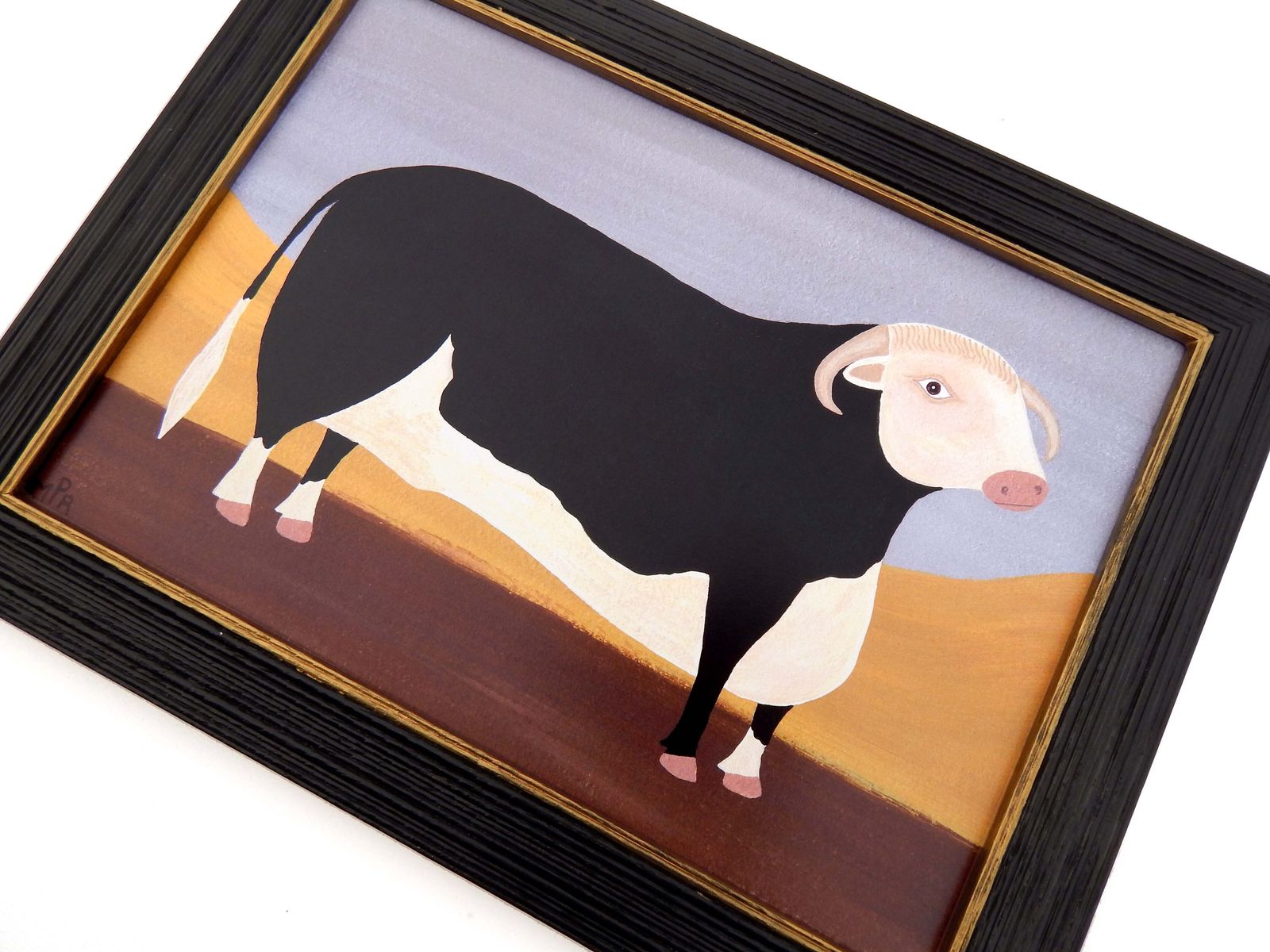 Naive Prize Hereford Bull Folk Art Cow Print In Hand Painted Black Frame By Matt Rix photo furniture