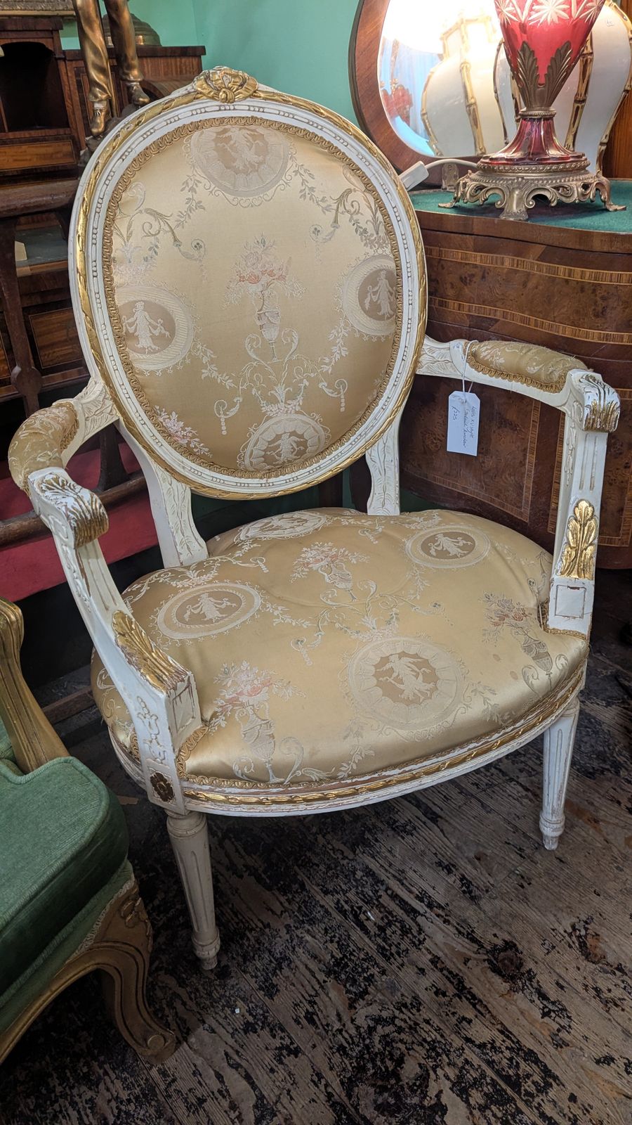 Antique Silk Covered French Empire Style Fauteuil Wooden Chair