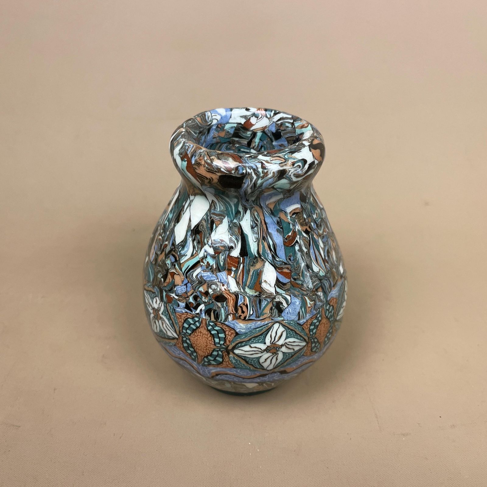 Jean Gerbino Vallauris Mosaic Ceramic Vase Blue Marbled Patterned 11cm Vintage French Decorative Art Deco Pot Small Display Ornament photo 165.0