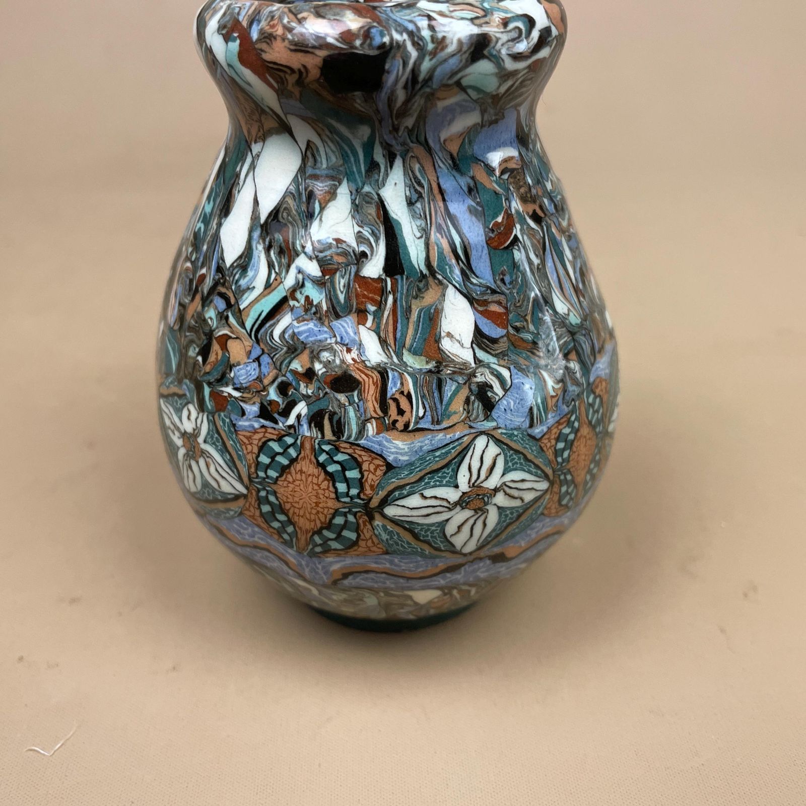 Jean Gerbino Vallauris Mosaic Ceramic Vase Blue Marbled Patterned 11cm Vintage French Decorative Art Deco Pot Small Display Ornament photo vintage
