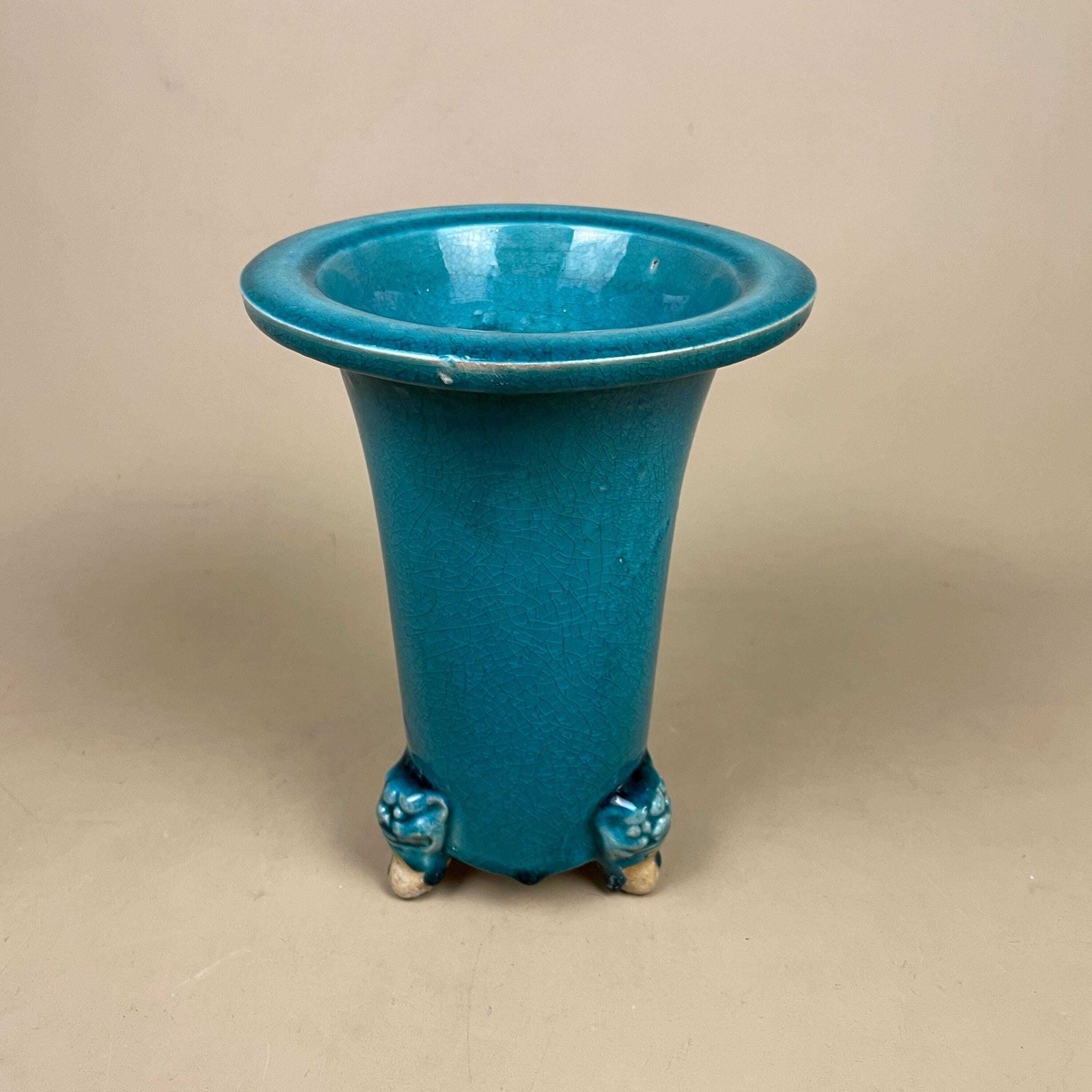 Oriental Antique Decorative Vase Ceramic Pot Chinese Vintage Display Turquoise Glaze Asian Lion Face Detail Feet Flute photo 125.0