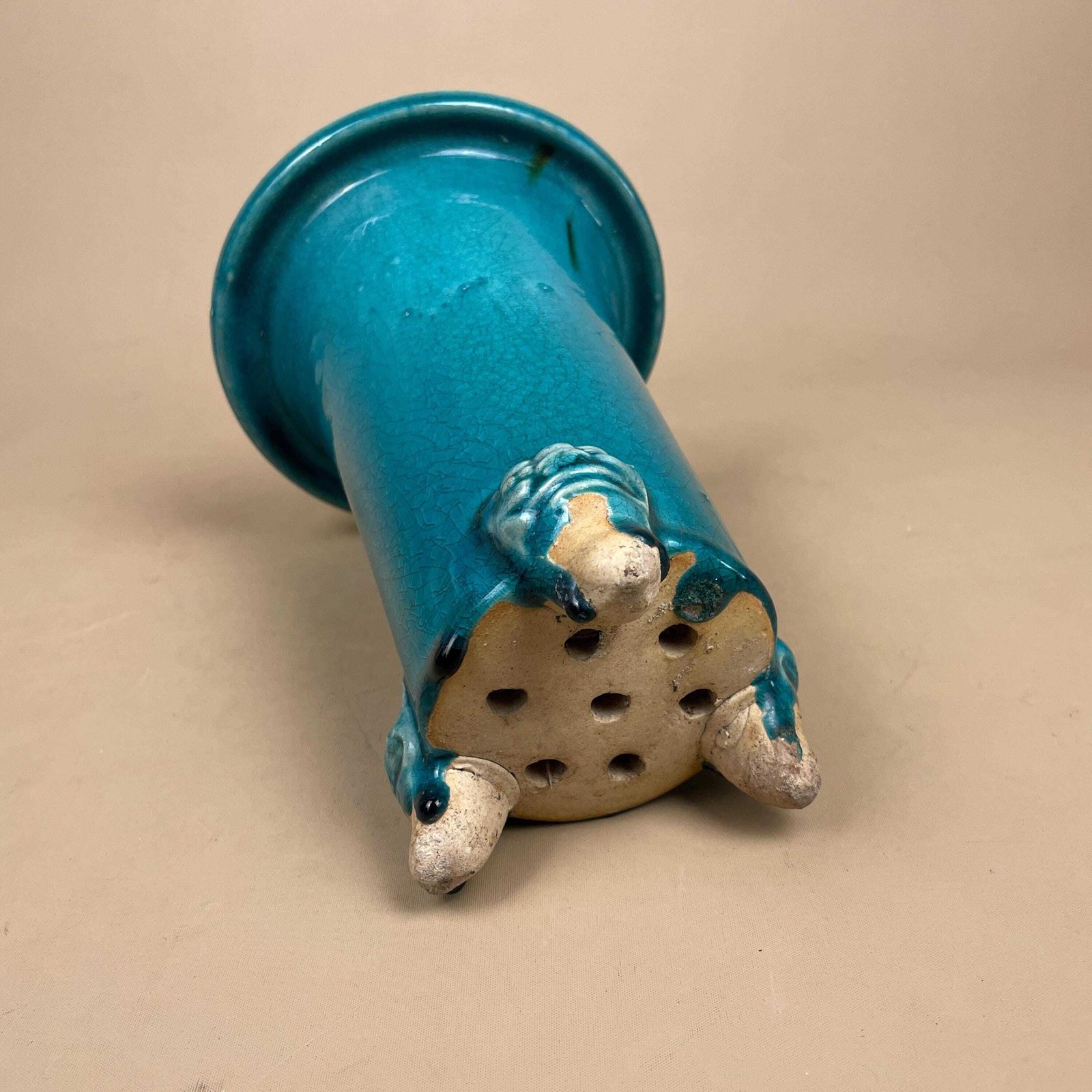 photo for sale Oriental Antique Decorative Vase Ceramic Pot Chinese Vintage Display Turquoise Glaze Asian Lion Face Detail Feet Flute