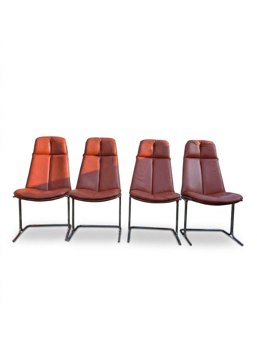 Set Of 4 Pieff Tim Bates Eleganza Dining/Desk Chairs, 1970s, Tan Leather Mcm