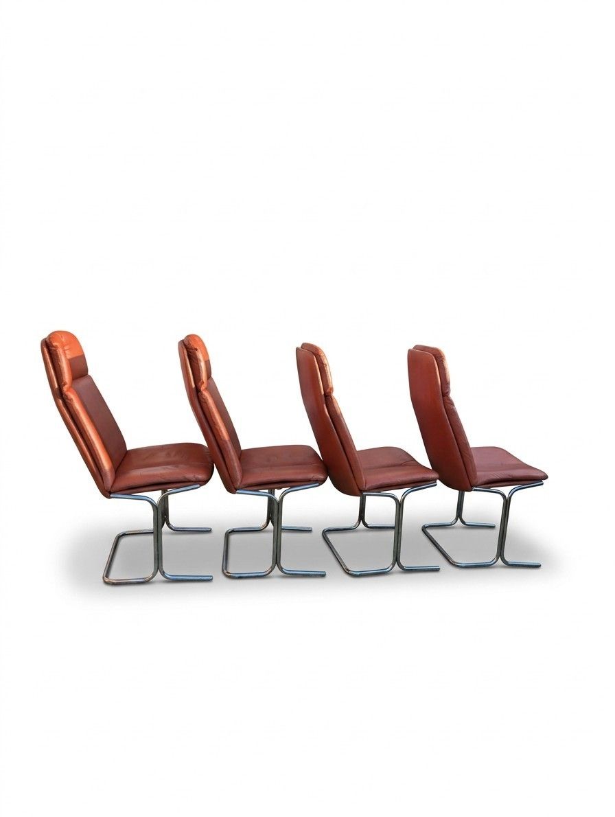 Set Of 4 Pieff Tim Bates Eleganza Dining/Desk Chairs, 1970s, Tan Leather Mcm photo for sale