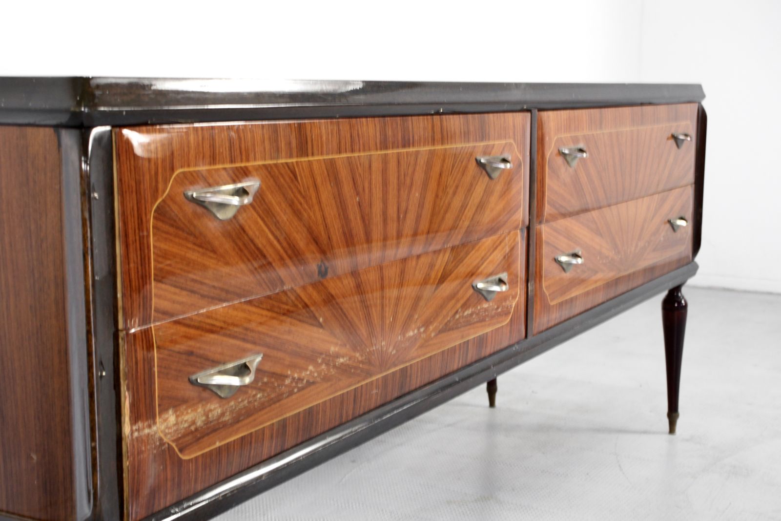 photo for sale Midcentury Italian Sideboard / Dresser In Walnut And Brass. Vintage Modern