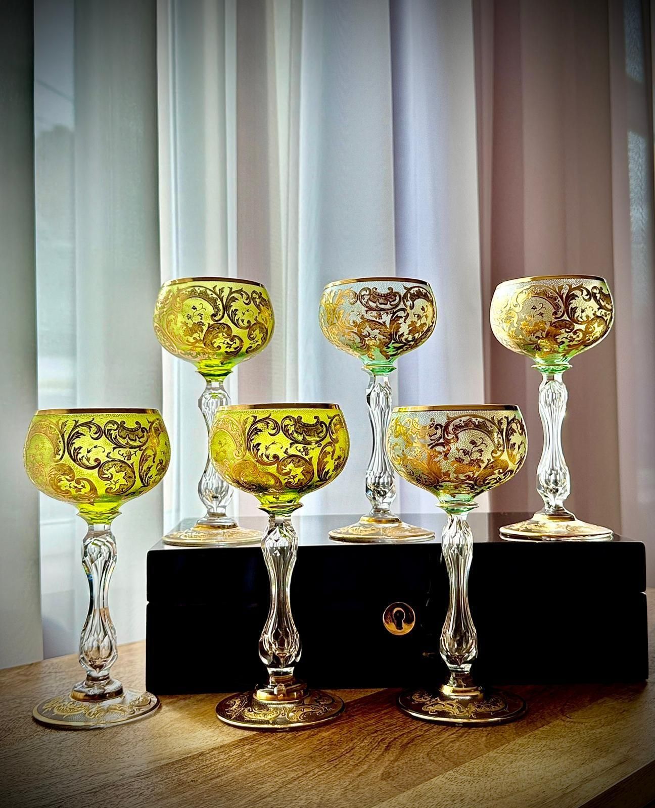 photo for sale Set Of 6 Antique Gilded Roemer Wine Glasses, 19th Century