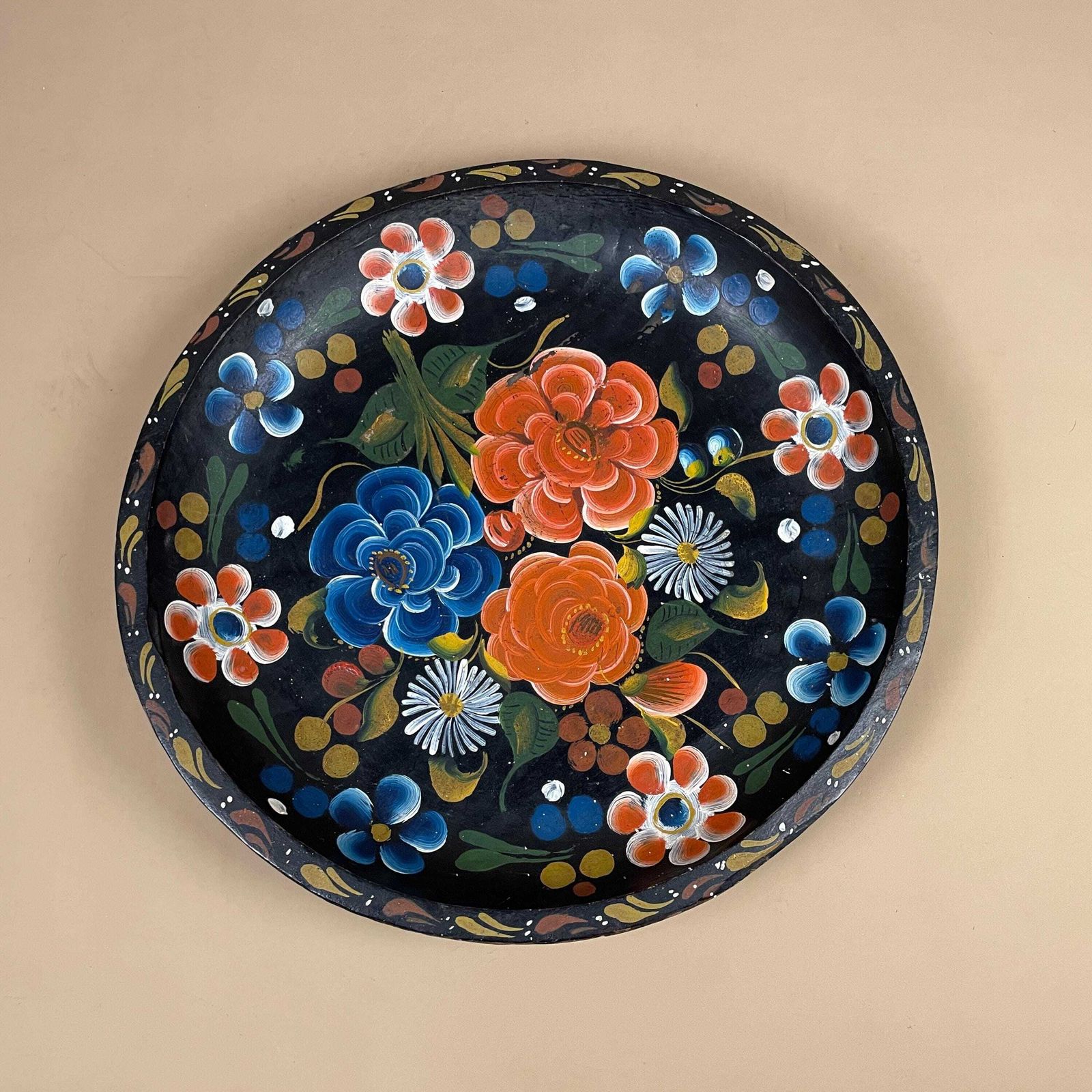 Mexican Wooden Bowl Hand Painted Floral Folk Art Round Decorative Dish Batea Pretty Vintage Flowers Red Blue Yellow