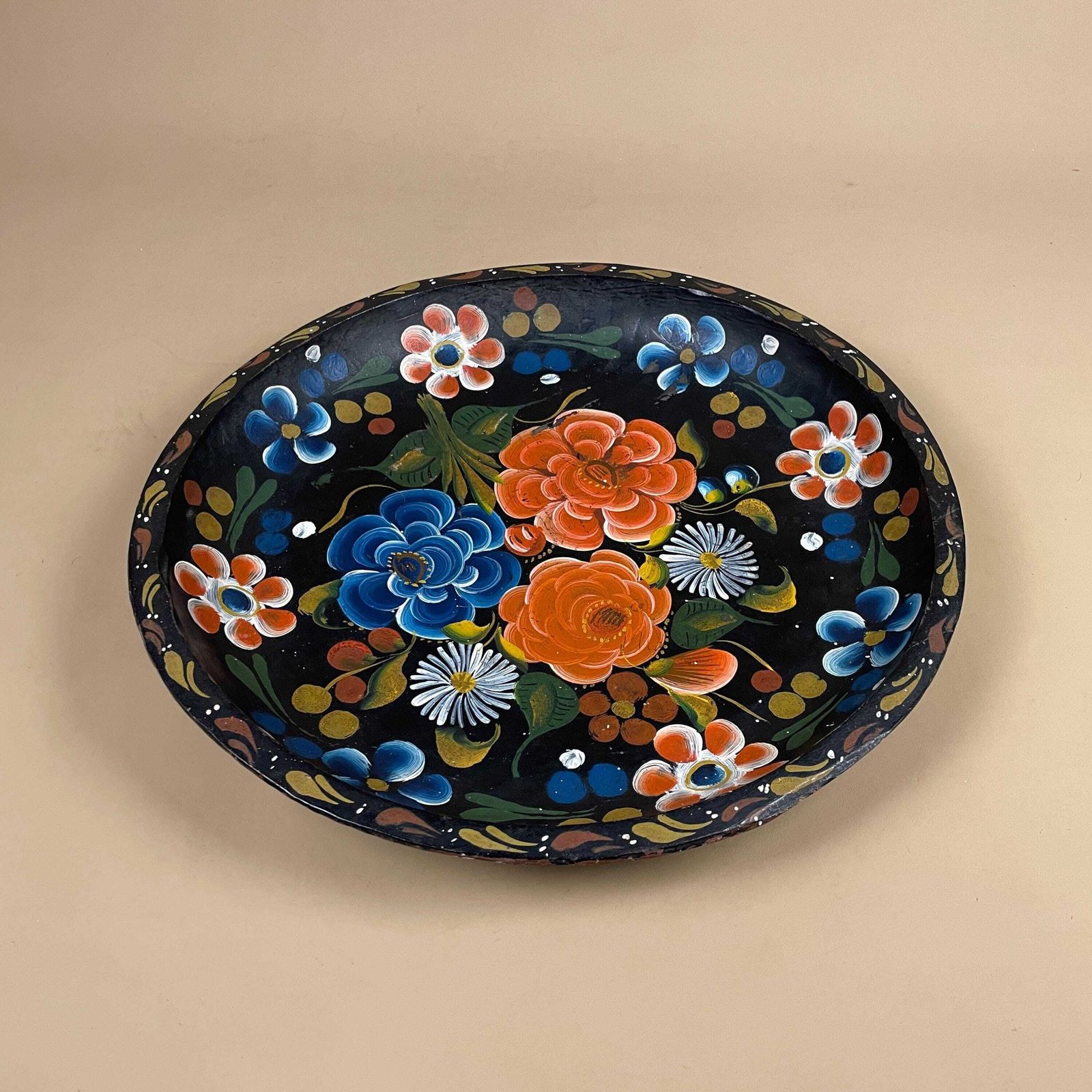 Mexican Wooden Bowl Hand Painted Floral Folk Art Round Decorative Dish Batea Pretty Vintage Flowers Red Blue Yellow photo for sale