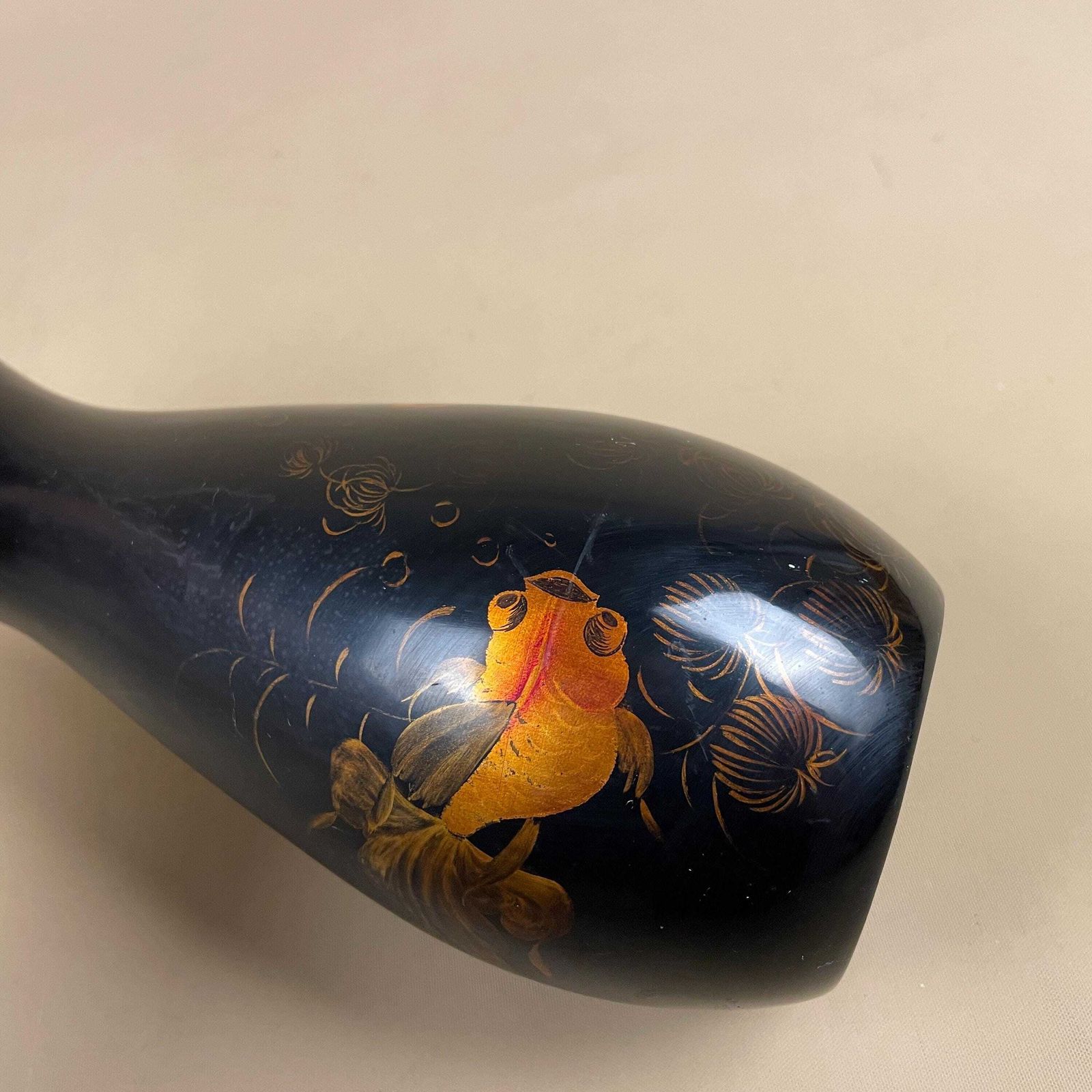 Asian Lacquer Vase Koi Goldfish Fish Hand Painted Black Oriental Chinoiserie Art Vase Chinese Lacquered Decorative photo vintage