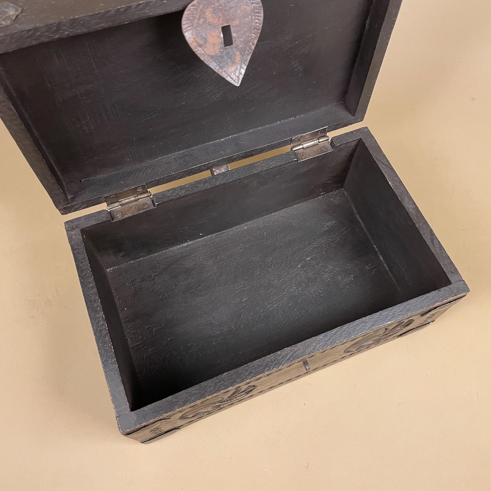 photo for sale Antique Style Wooden Box Hand Carved Trinket Jewellery Keepsake Storage Brown Wood Metal Clasp Dressing Table Decor Hinged Lid