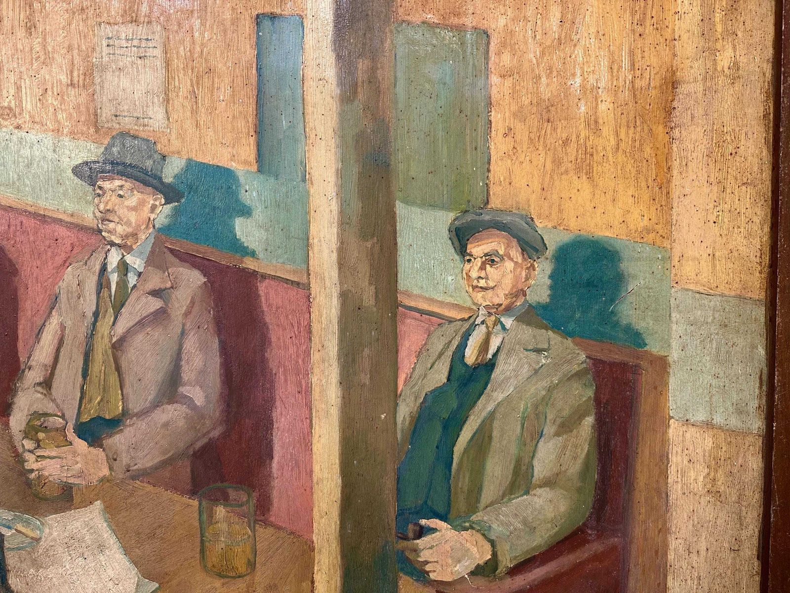 Large Naive Original Oil Painting On Board Welsh Gentlemen Drinkers In Tavern Pub 1960 photo vinterior