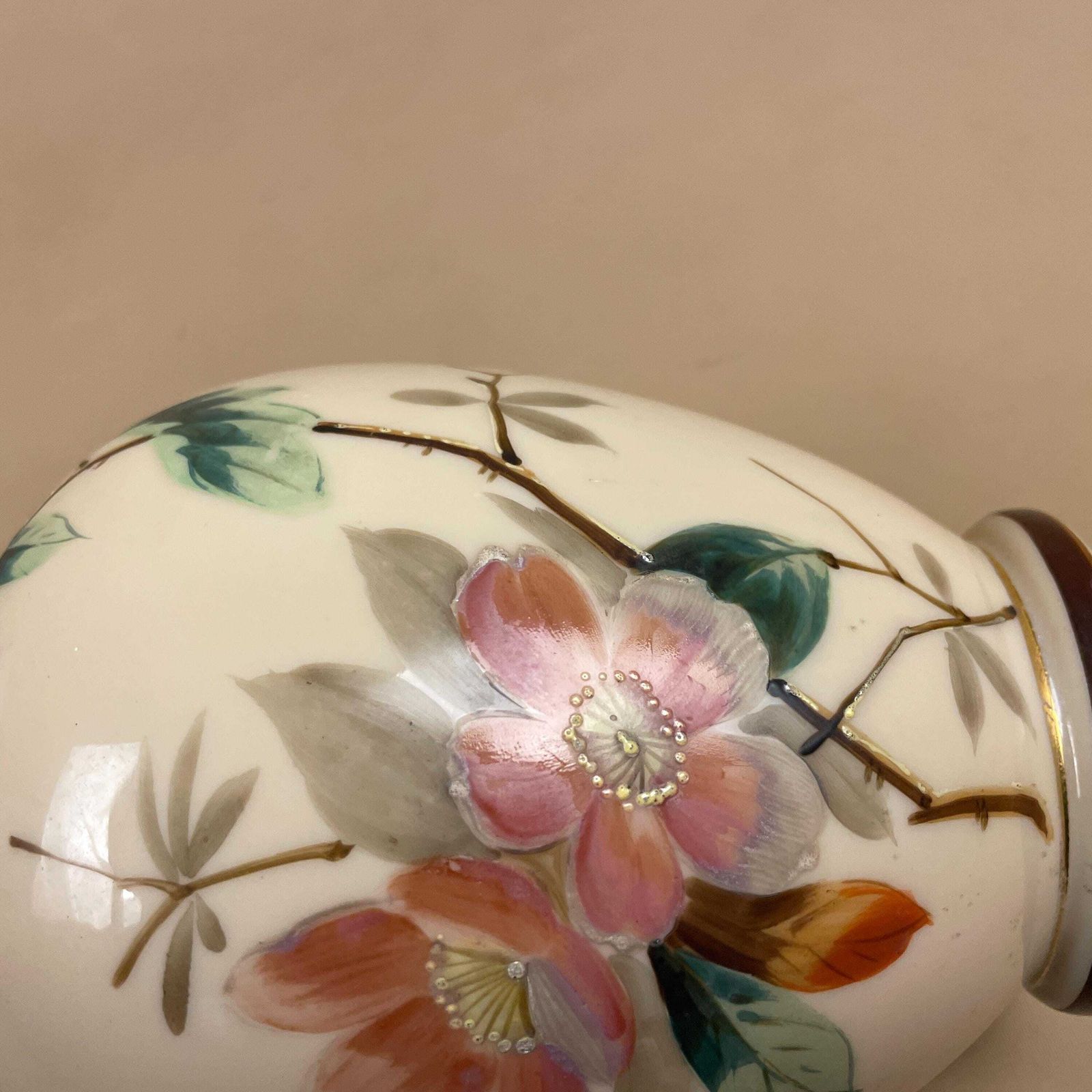 Home Decor Oriental Antique Decorative Vase Ceramic Pink Pot Japanese Vintage Display Hand Painted Asian Old Floral Flowers Bulbous Delicate photo