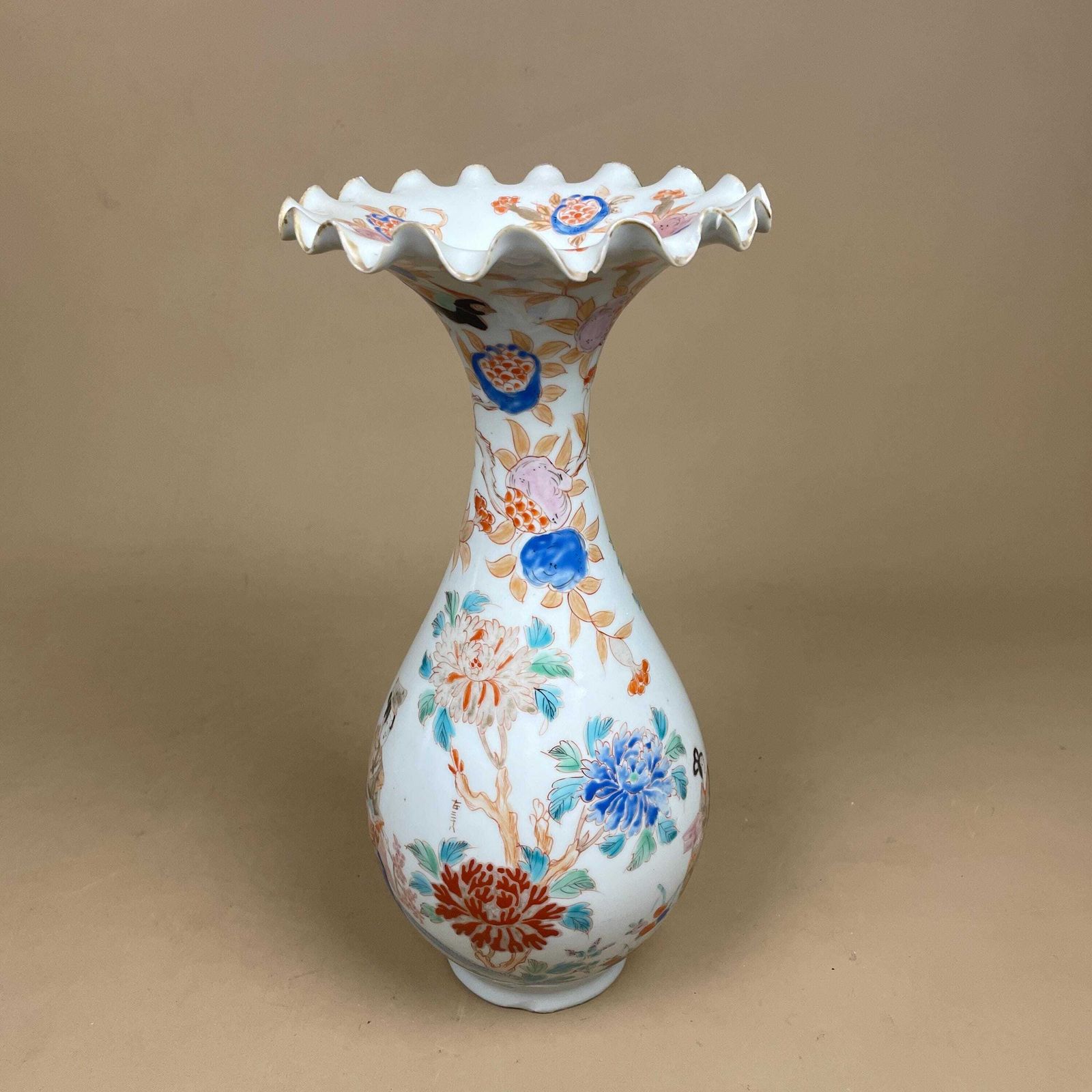 Oriental Antique Decorative Vase Ceramic White Pot Japanese Vintage Display Hand Painted Asian Old Floral Flowers Delicate Frilly Scalloped photo furniture