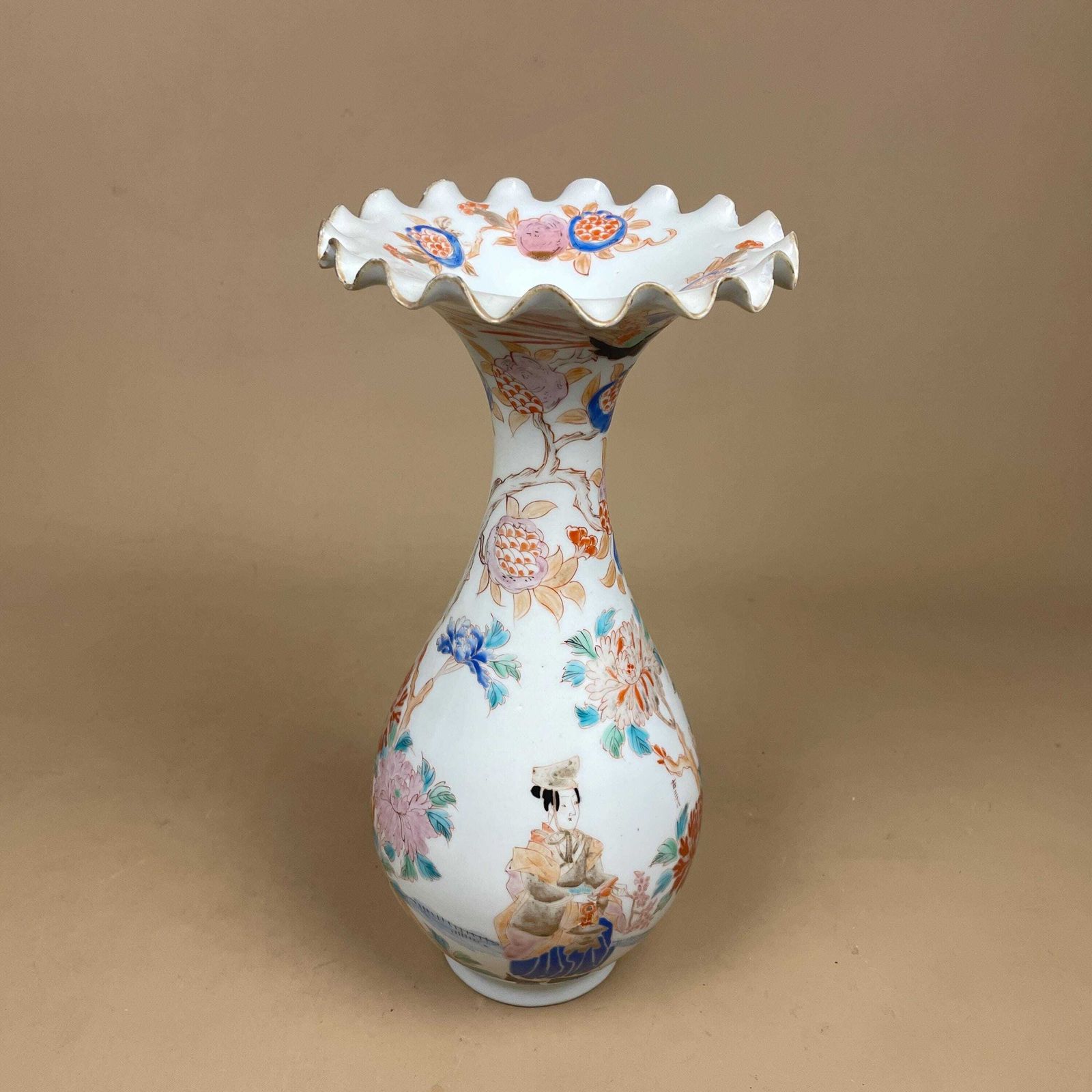 Oriental Antique Decorative Vase Ceramic White Pot Japanese Vintage Display Hand Painted Asian Old Floral Flowers Delicate Frilly Scalloped photo 95.0