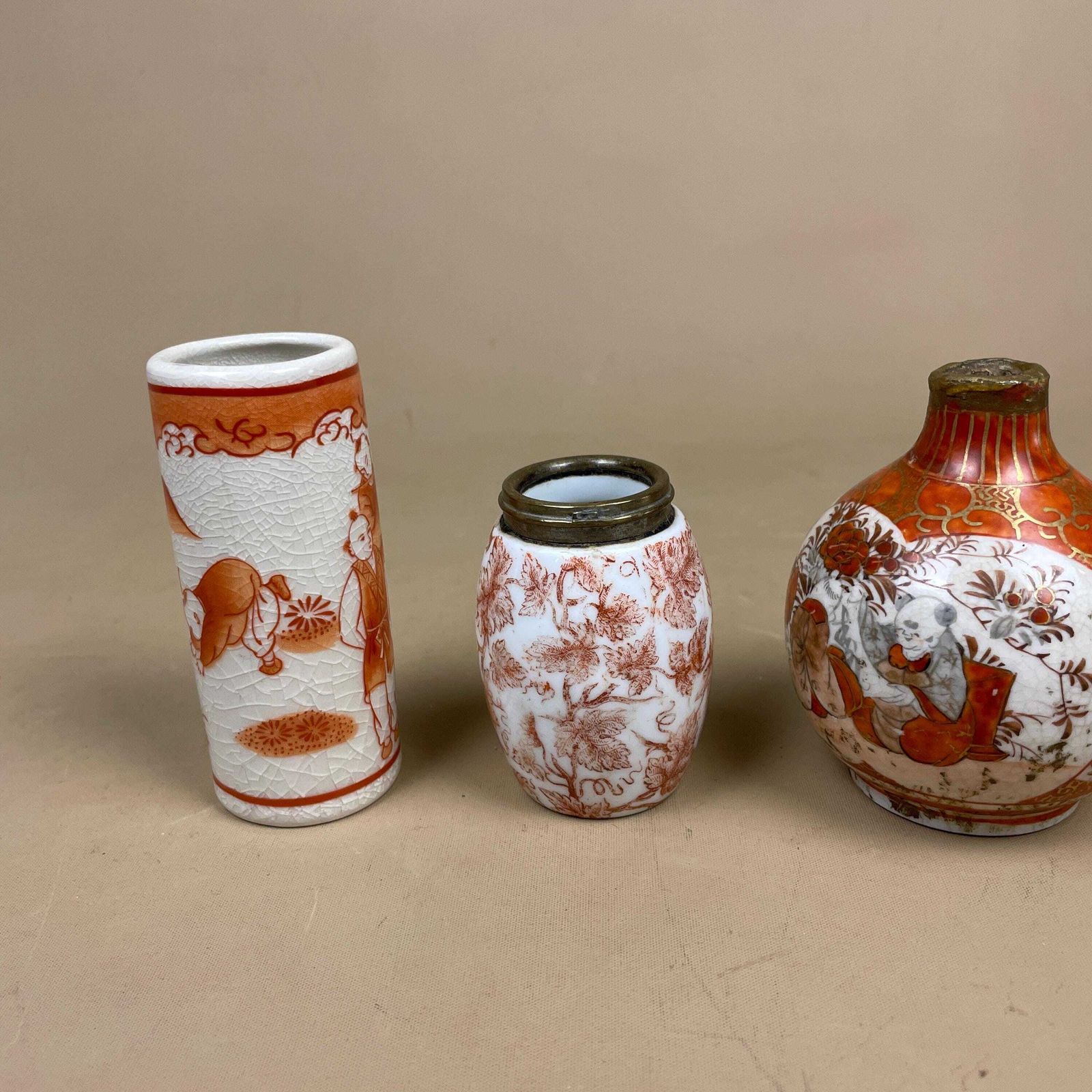 Set Of 5 Miniature Oriental Chinese Ceramic Porcelain Handmade Vase Small Floral Decorative Pot Antique Asian Painted Flower Orange White photo for sale