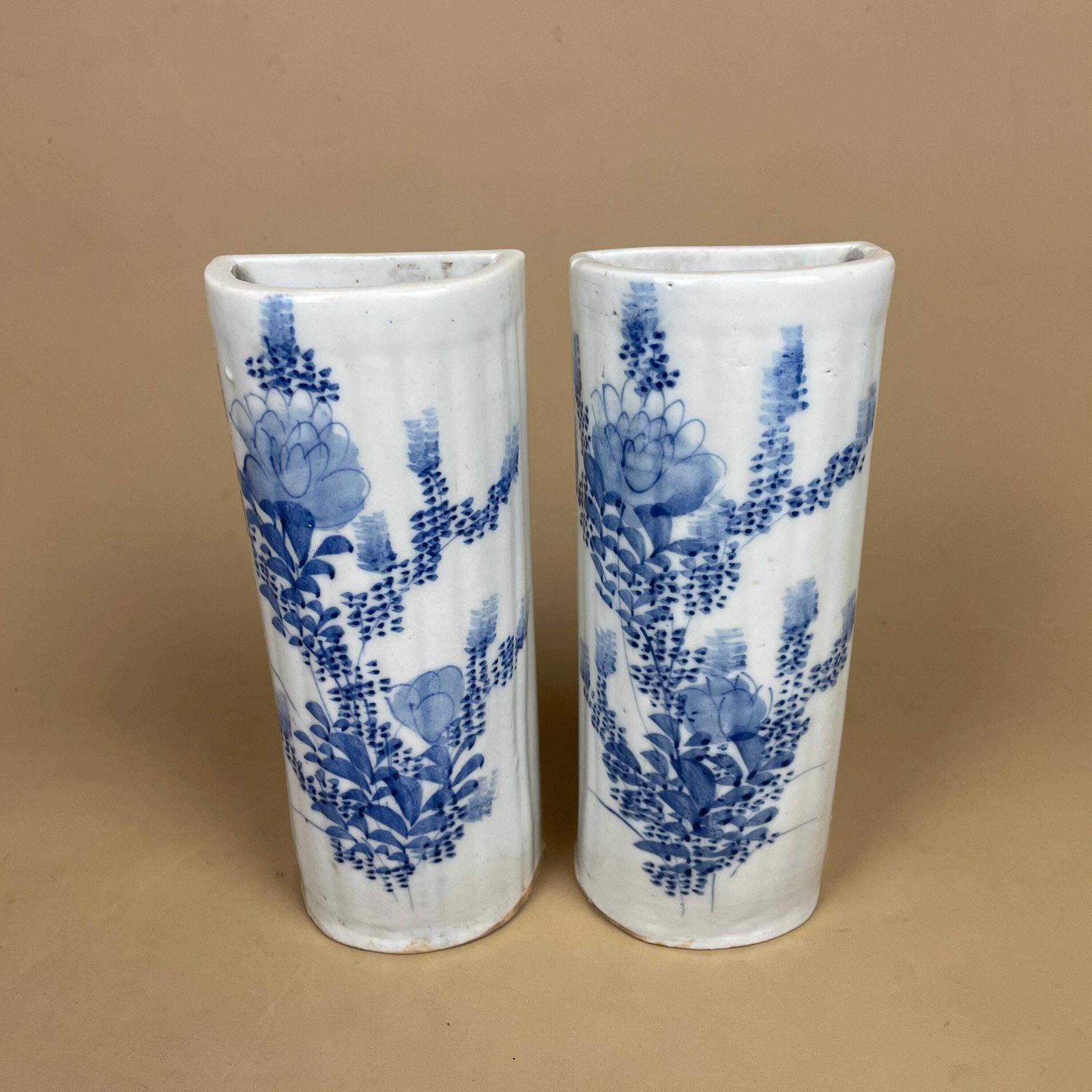2 Vintage Ceramic Wall Mounted Planter Pocket Vase Floral Oriental Hanging Antique Pot Hanger Indoor Decorative Hand Painted Blue White photo buy