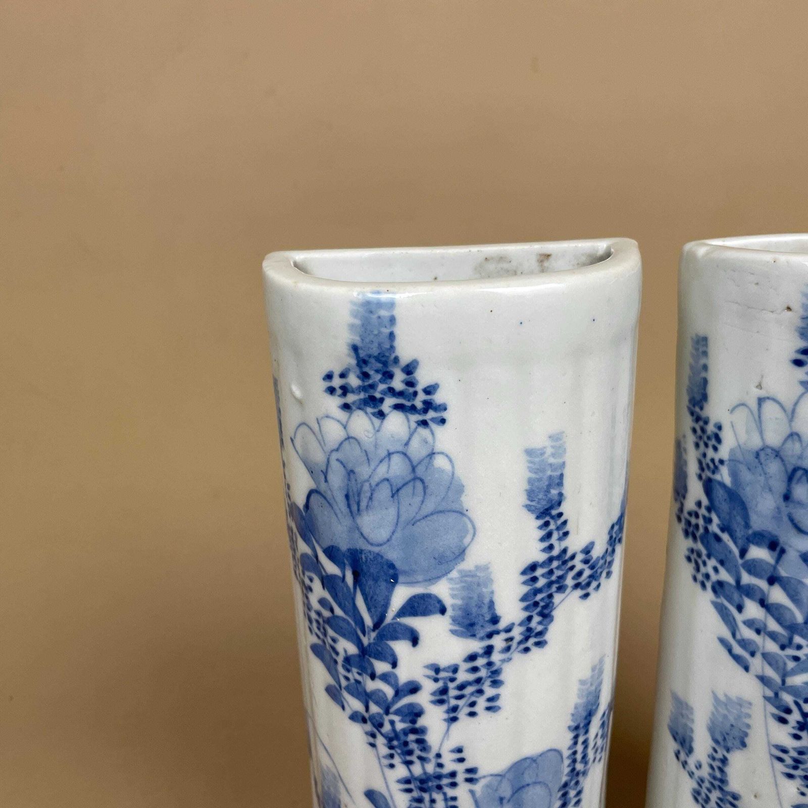 2 Vintage Ceramic Wall Mounted Planter Pocket Vase Floral Oriental Hanging Antique Pot Hanger Indoor Decorative Hand Painted Blue White photo vintage