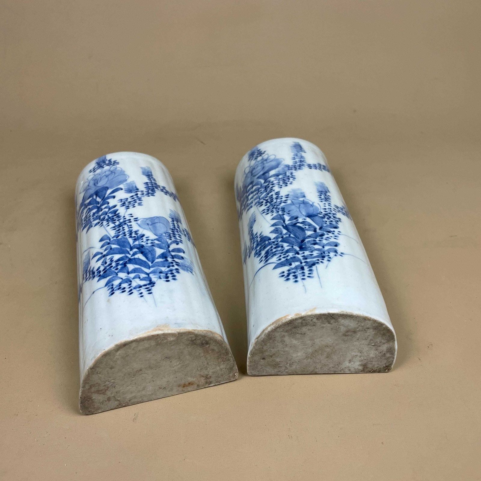 photo for sale 2 Vintage Ceramic Wall Mounted Planter Pocket Vase Floral Oriental Hanging Antique Pot Hanger Indoor Decorative Hand Painted Blue White