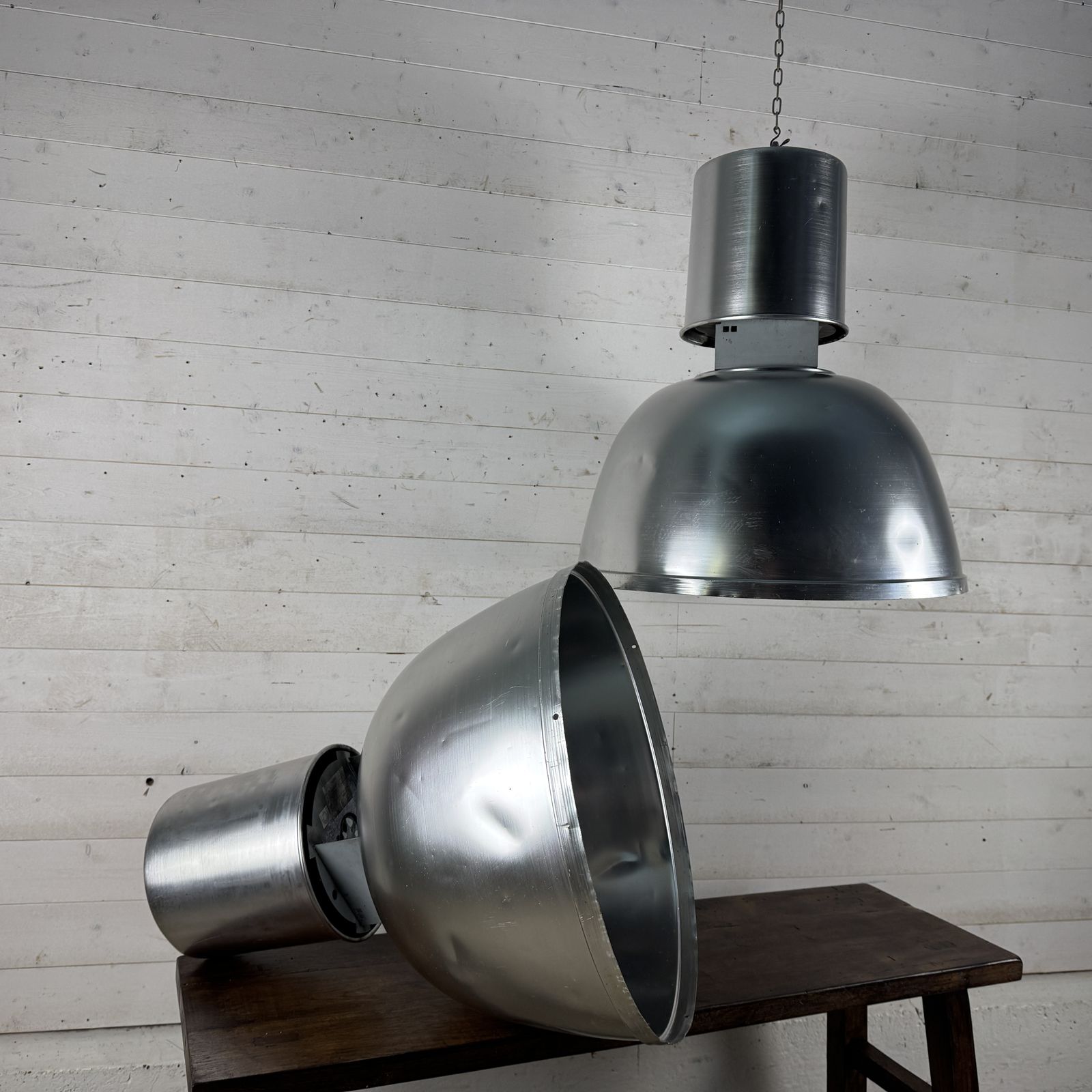 Pair Of Large Vintage Industrial Aluminium Light Shades photo Lighting
