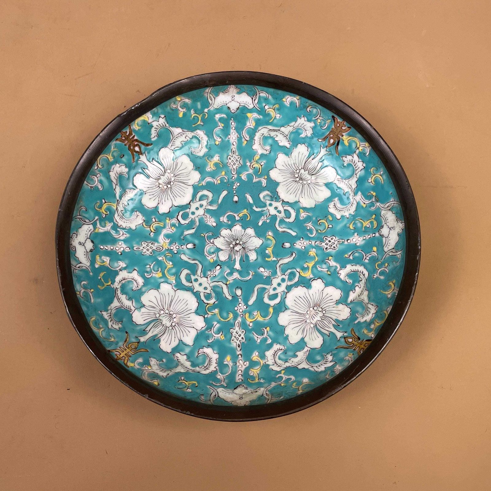 Antique Oriental Ceramic Hand Painted Floral Bowl Plate Japanese Decorative Asian Round Porcelain Metal Back Blue 19.6cm Key Dish Coin photo for sale