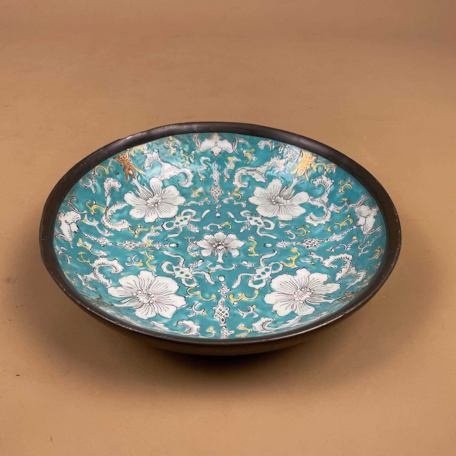 Antique Oriental Ceramic Hand Painted Floral Bowl Plate Japanese Decorative Asian Round Porcelain Metal Back Blue 19.6cm Key Dish Coin photo Home Decor