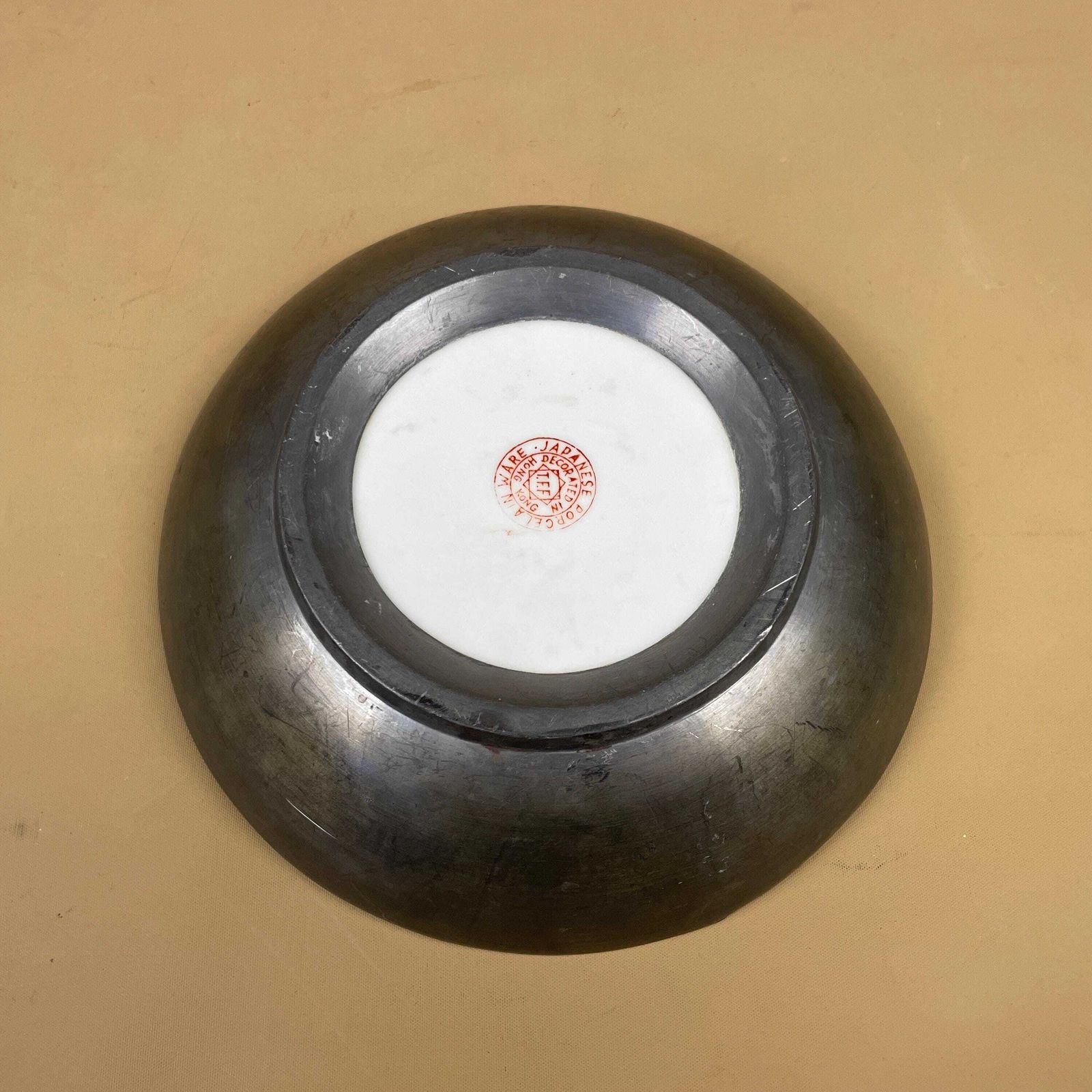 Antique Oriental Ceramic Hand Painted Floral Bowl Plate Japanese Decorative Asian Round Porcelain Metal Back Blue 19.6cm Key Dish Coin photo vintage